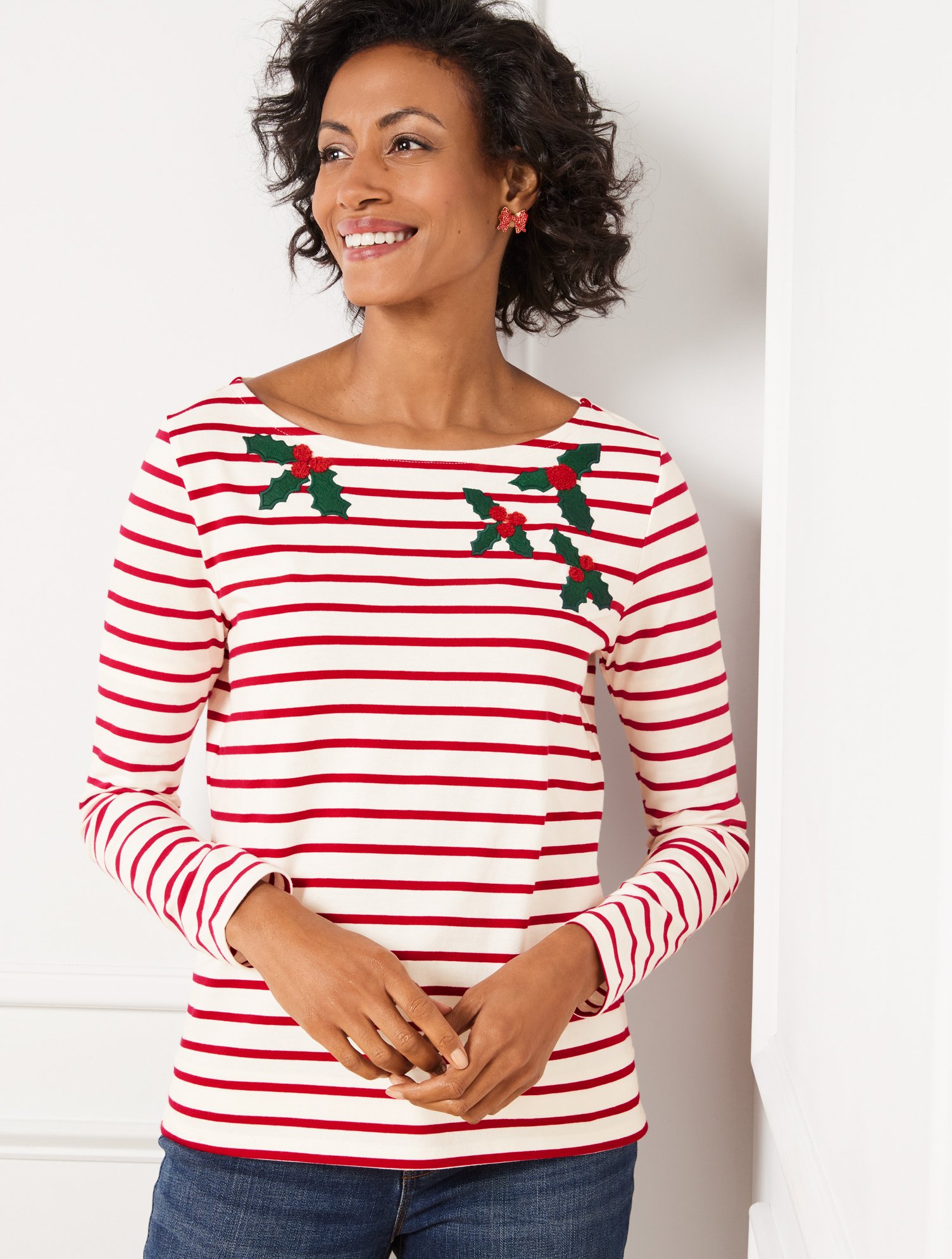 Talbots Petite - Embroidered Bateau Neck T-shirt - Holly Berry - Ivory/red - Small - 100% Cotton  In Ivory,red