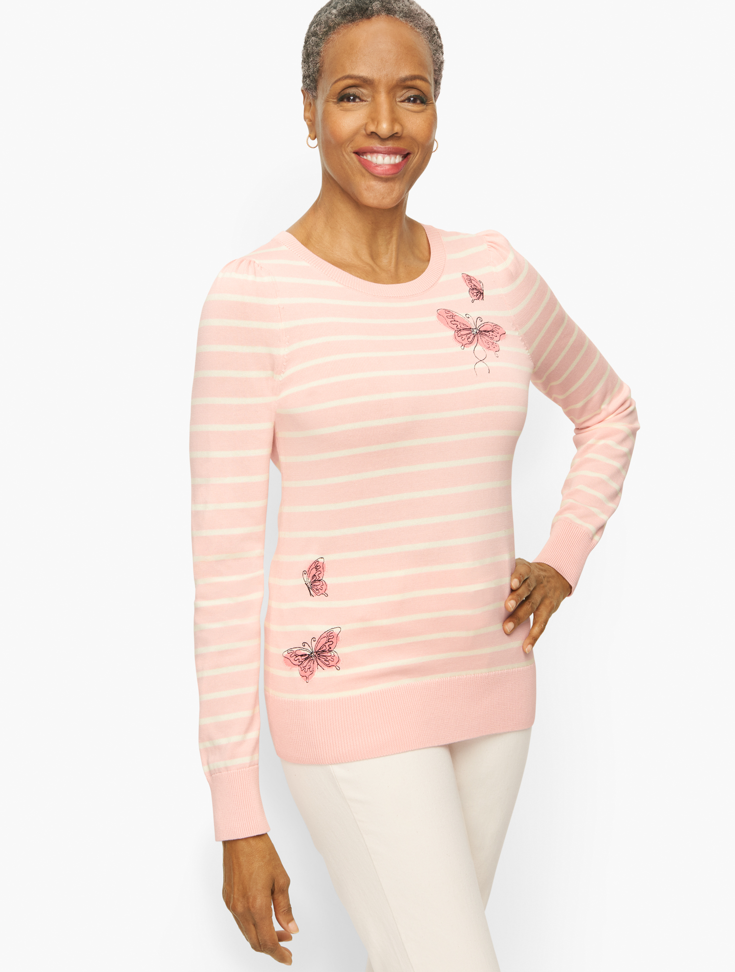 Talbots Plus Size - Crewneck Sweater - Embroidered Butterfly Stripe - Caspian Pink/ivory - 2x  In Caspian Pink,ivory