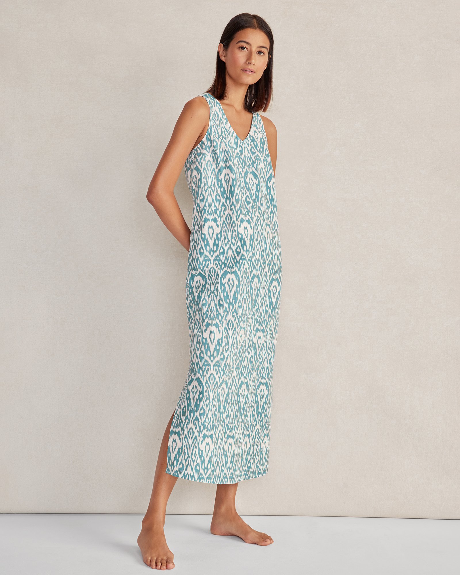 Talbots Organic Cotton Linen Ikat Print Dress - Ocean - Xxl
