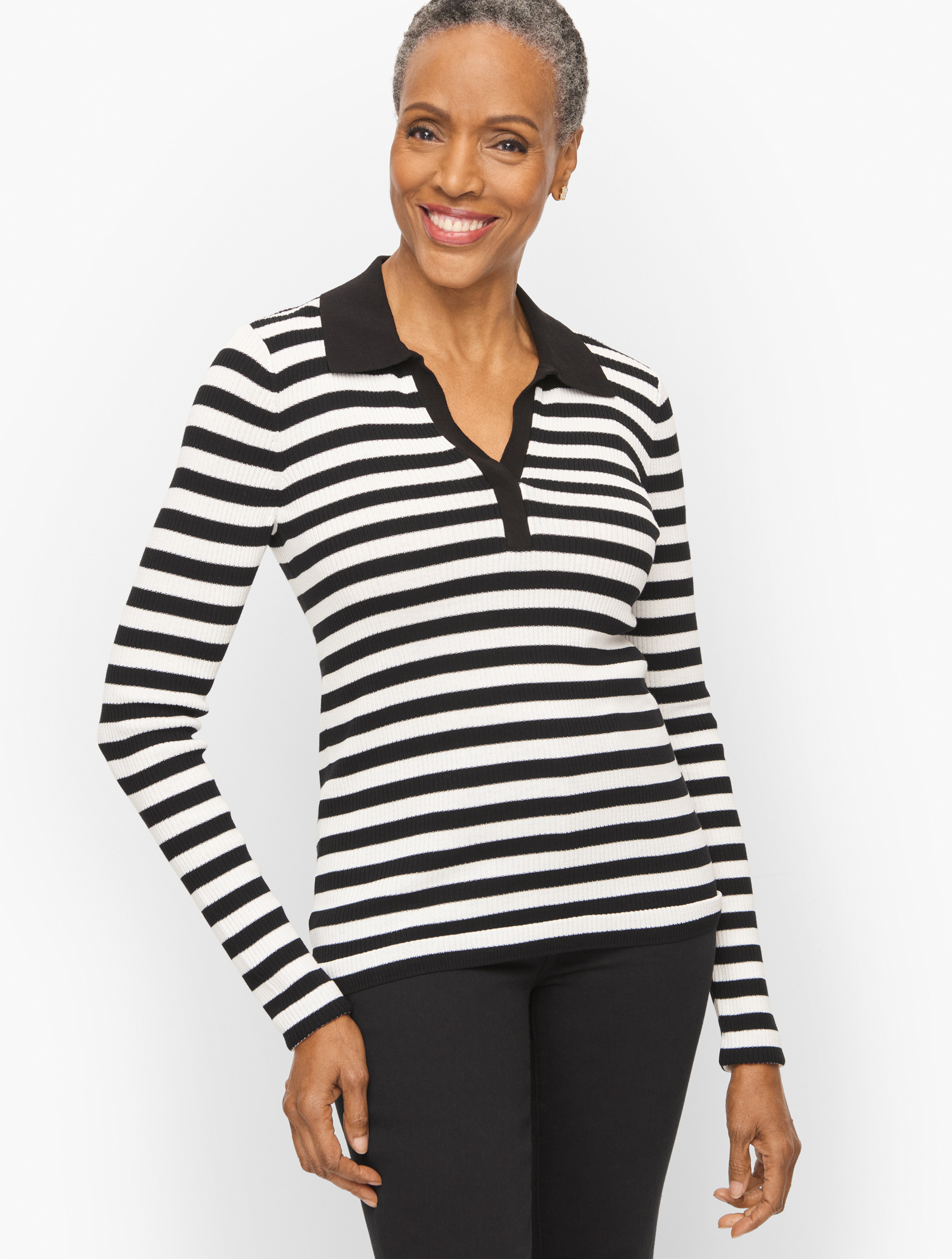 Talbots Petite - Johnny Collar Pullover Sweater - Mariner Stripe - White/black - Medium  In White,black