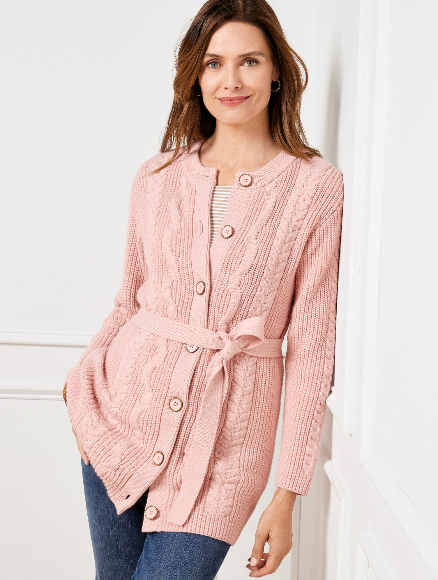 Talbots Petite Belted Cable Knit Cardigan Sweater Pearl Pink