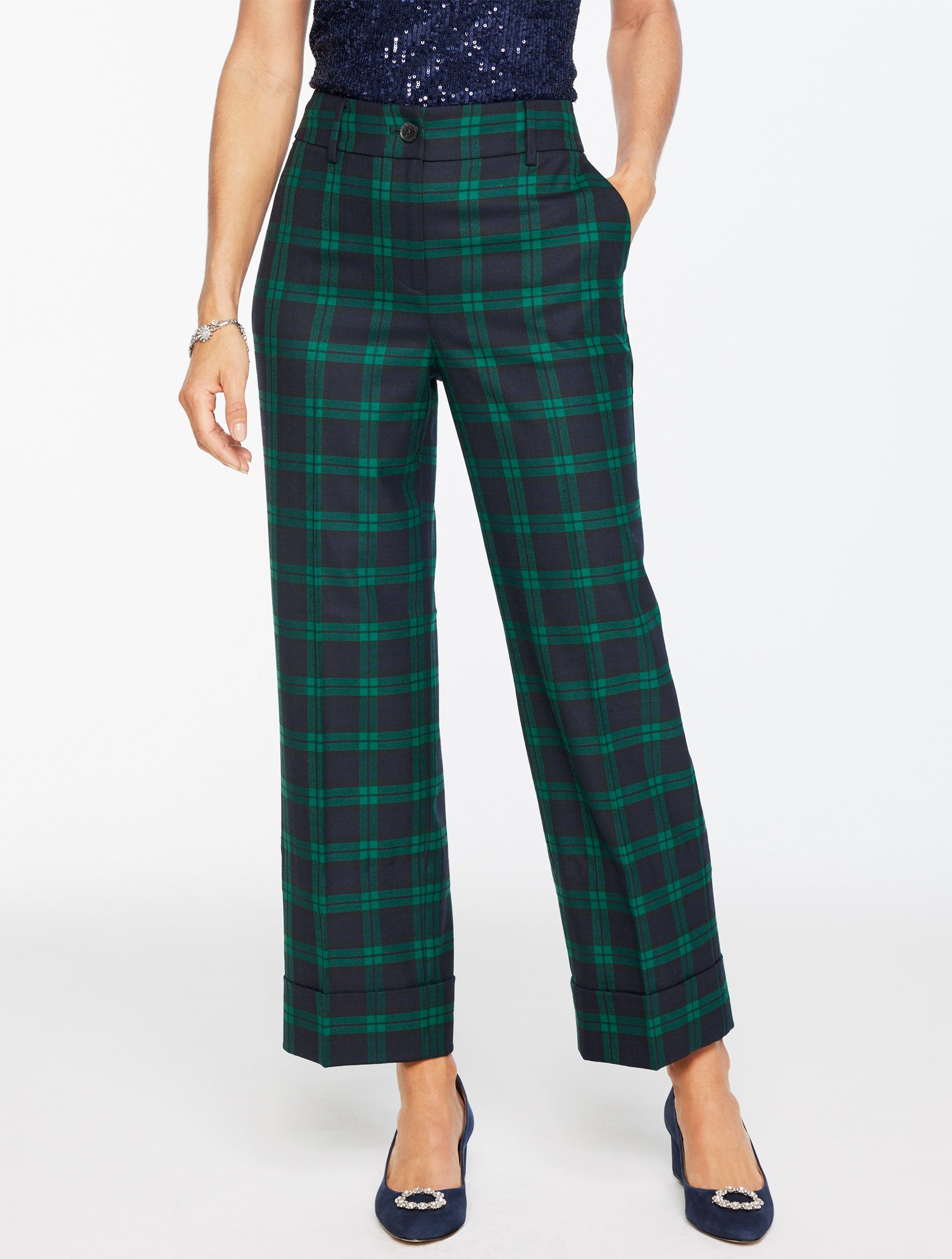 Talbots Plus Petite - Slim Wide Ankle Cuff Pants - Black Watch Plaid - 18 In Black
