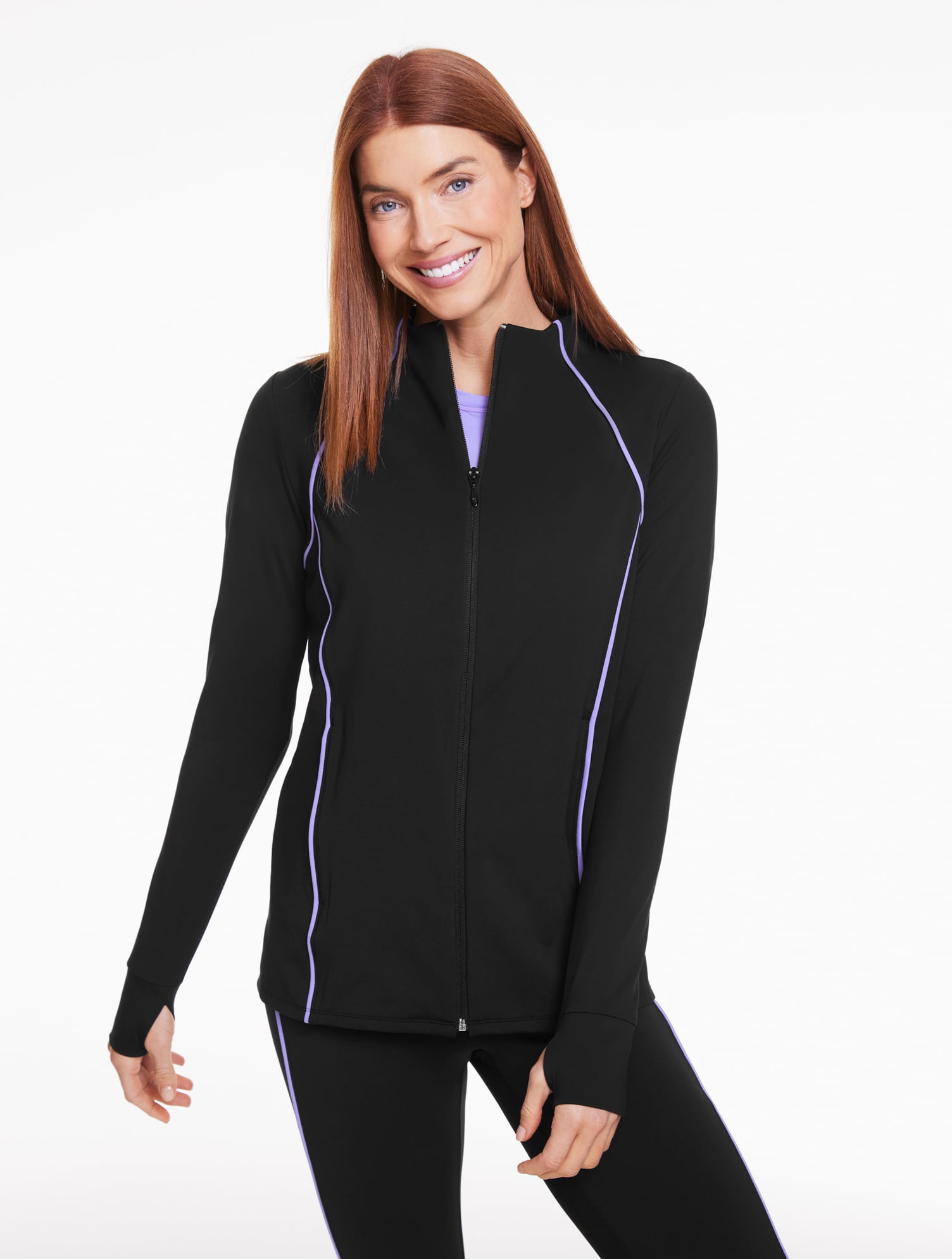 Petite - Performance Compression Full-Zip Jacket - Contrast Piping - Black - XL Talbots