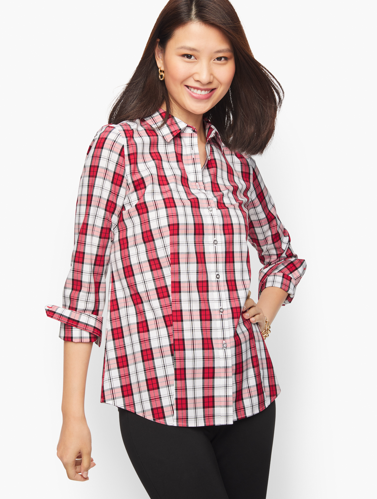 Talbots Button Front Shirt - Classic Plaid - Red - 18