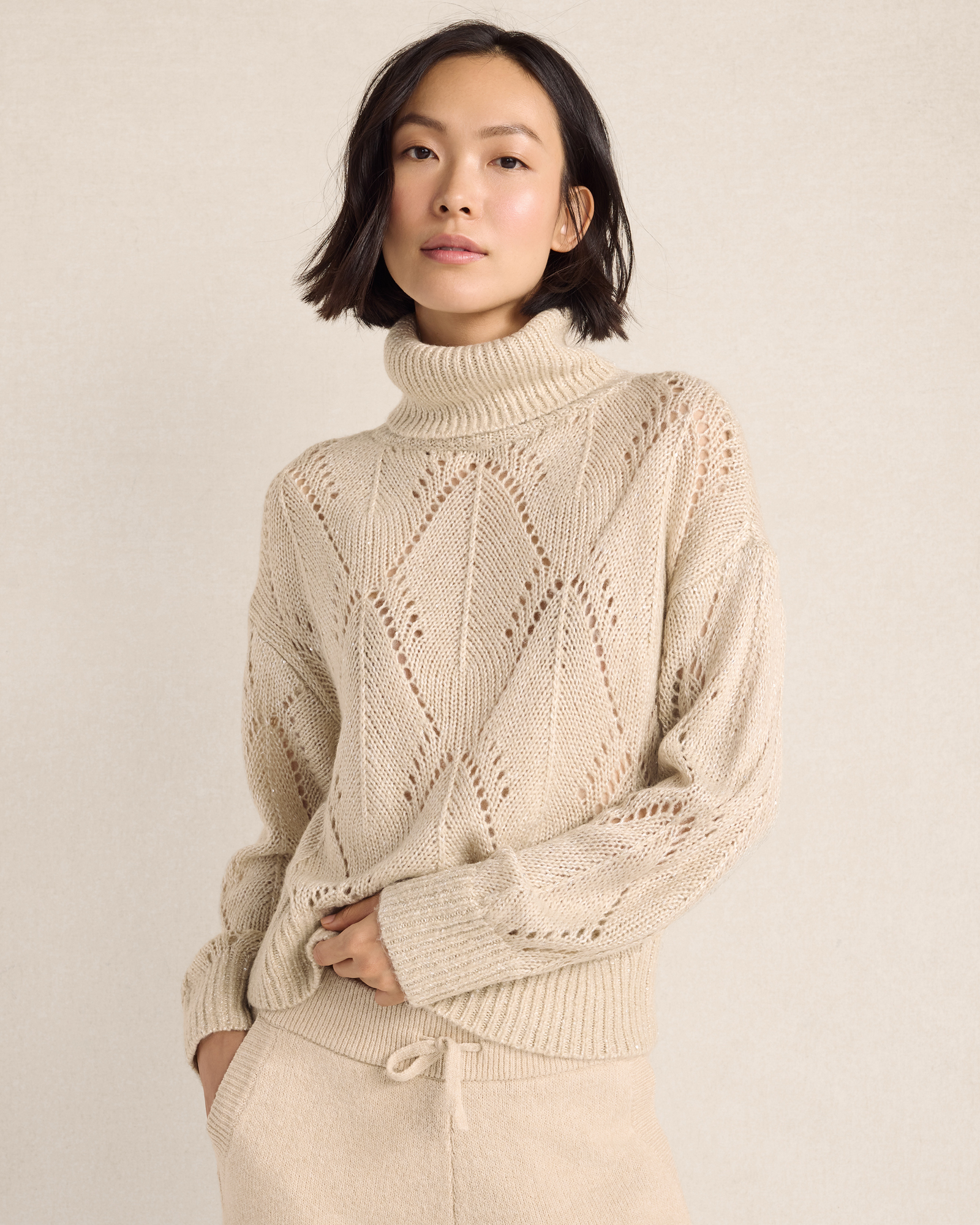 Sequin Pointelle Turtleneck Sweater