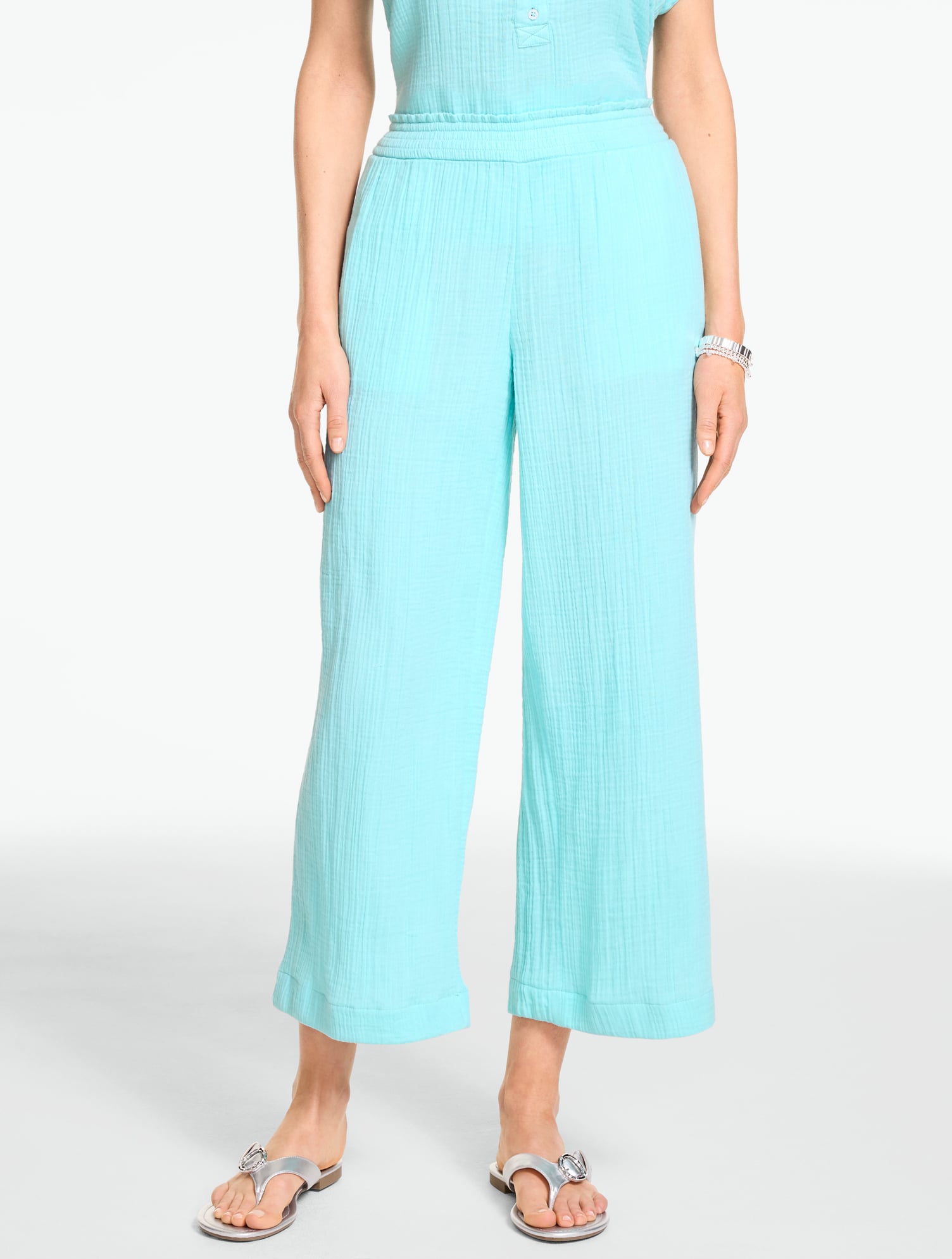 Cotton Gauze Straight Crop Pull-On Pants - Seaport Stripe | Talbots