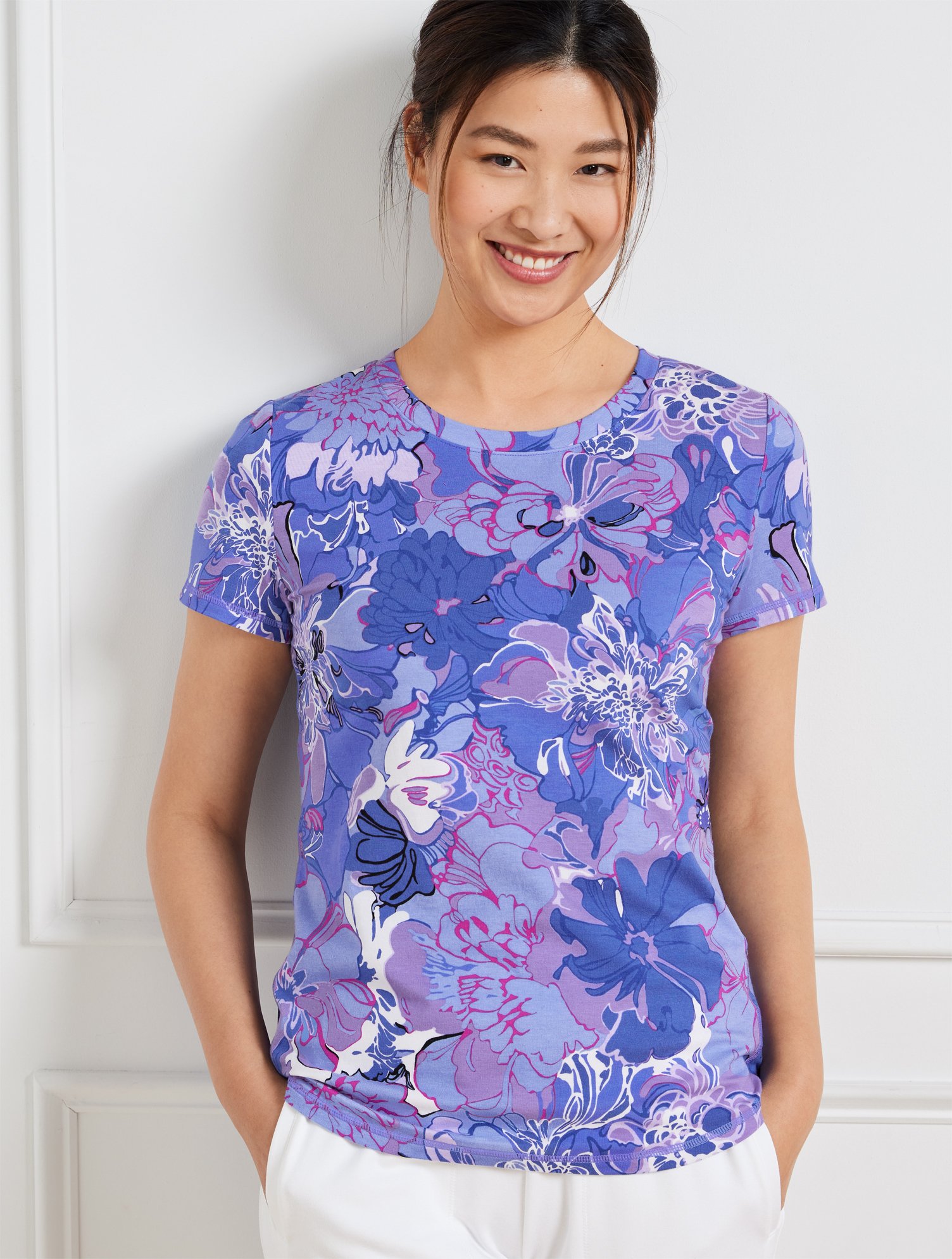Talbots Supersoft Jersey Short Sleeve T-shirt - Expressive Floral - Blue Iris - 3x