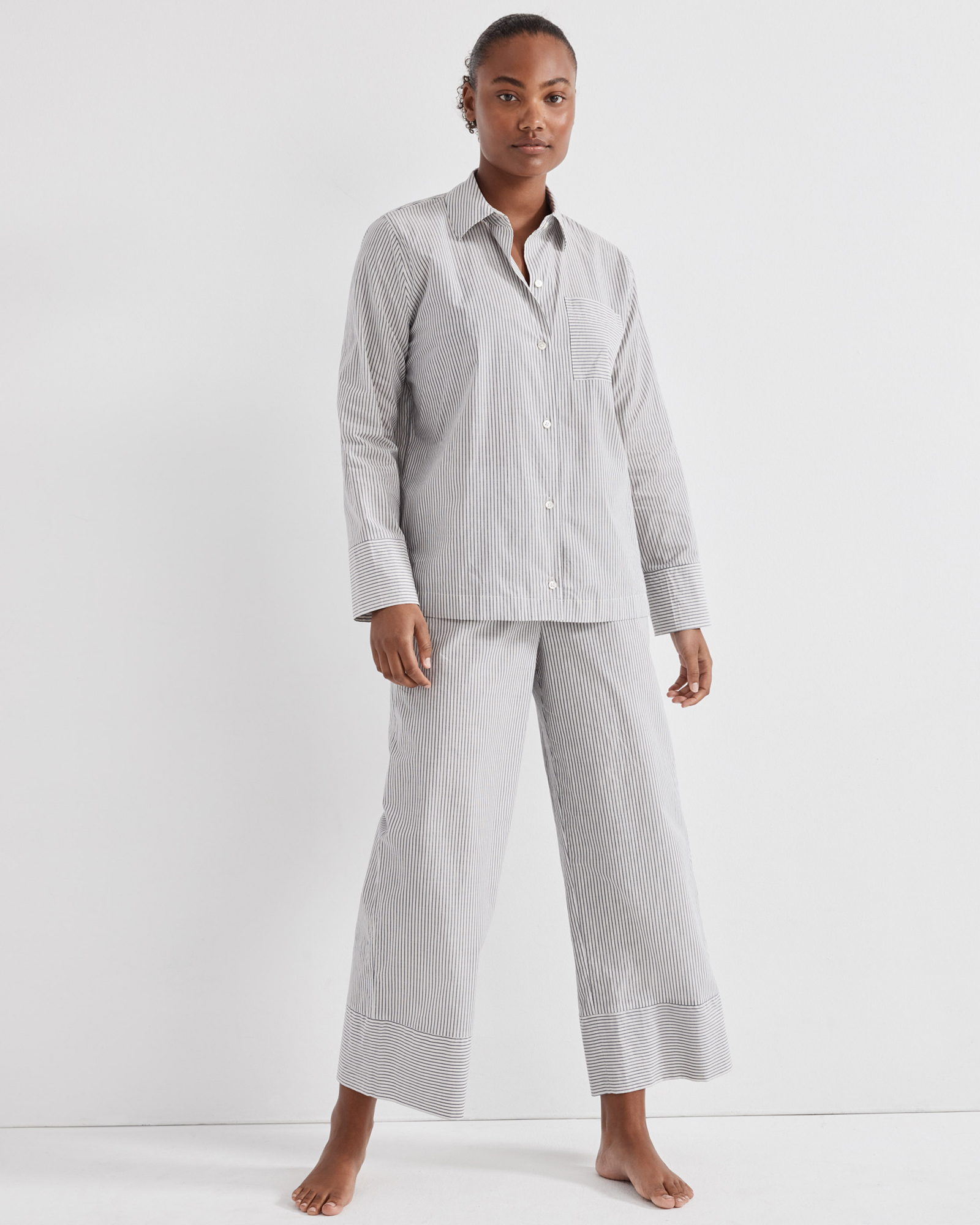 Talbots Lightweight Cotton Poplin Striped Pajama Shirt - Blue/ivory - Xs