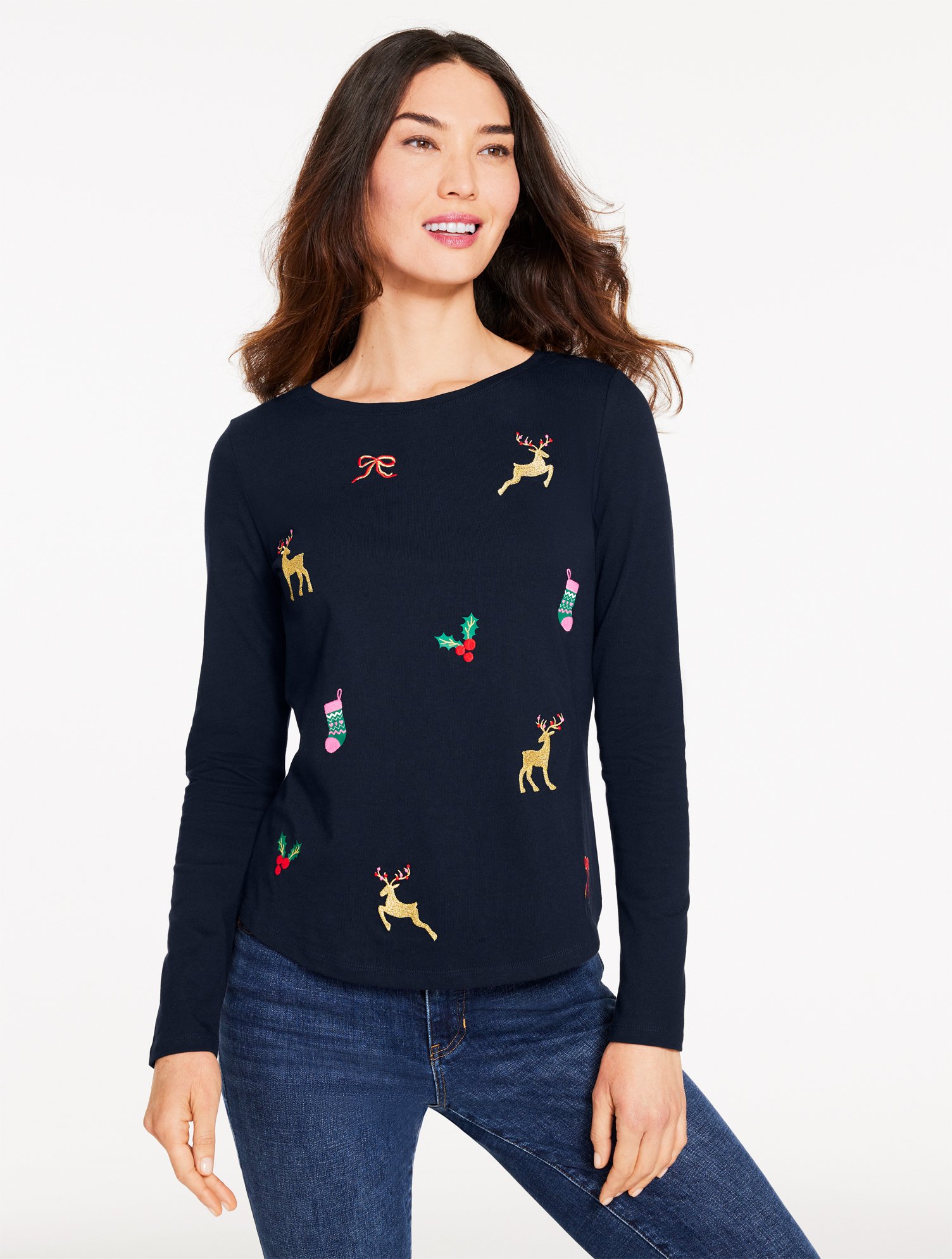 Talbots Plus Petite - Long Sleeve Crewneck T-shirt - Tossed Deer - Blue - 3x In Black