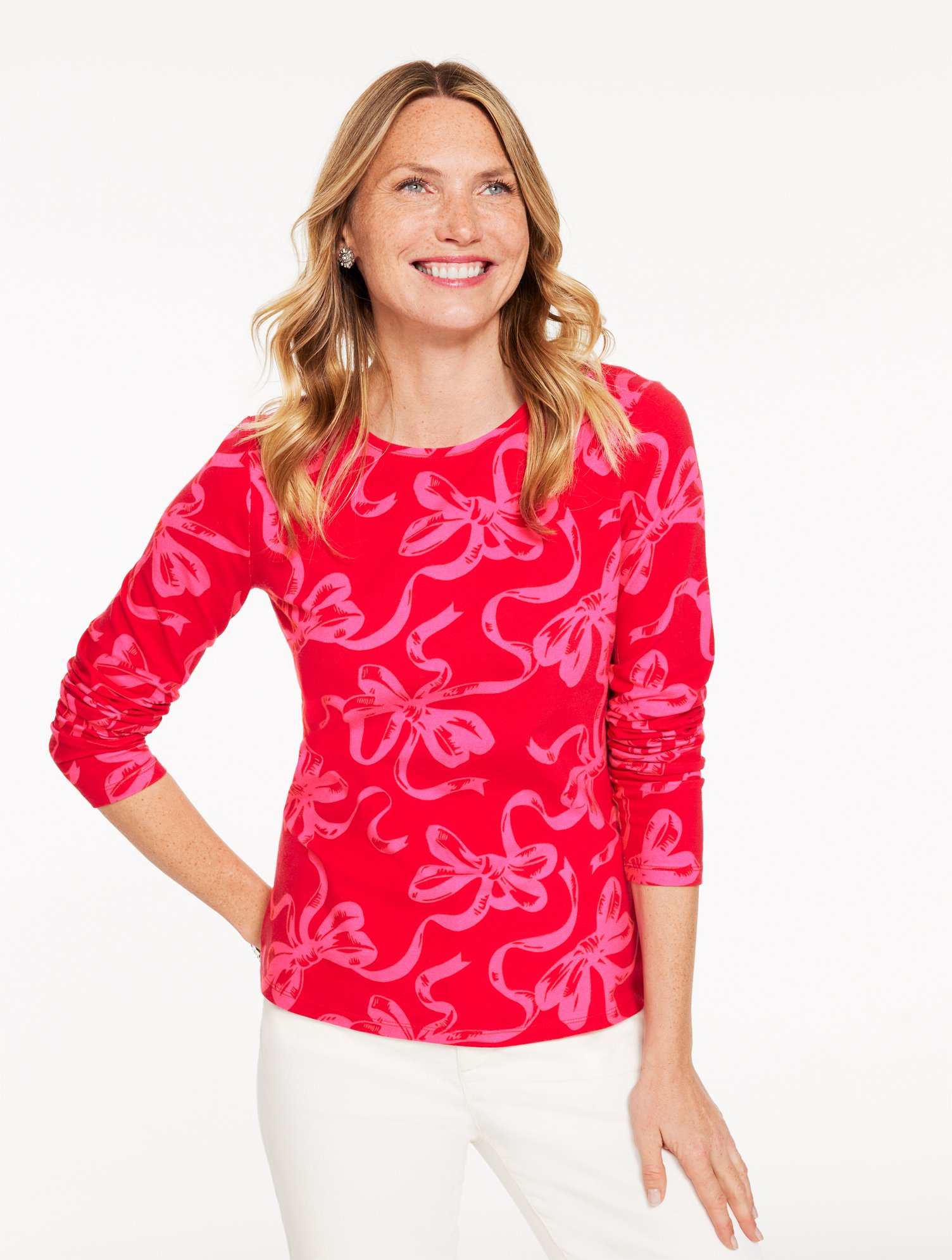 Talbots Plus Petite - Bicolor Ribbons Long Sleeve Crewneck T-shirt - Red/very Berry - 2x  In Red