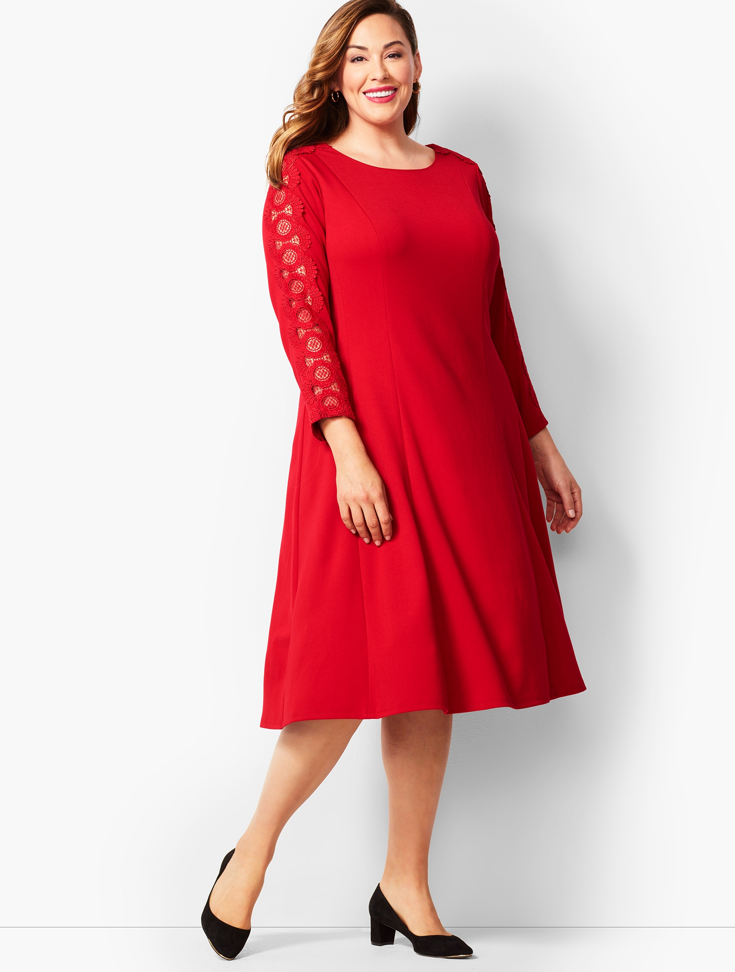 Lace Sleeve Ponte Fit & Flare Dress | Talbots Lace Sleeve Ponte Fit & Flare Dress | Talbots