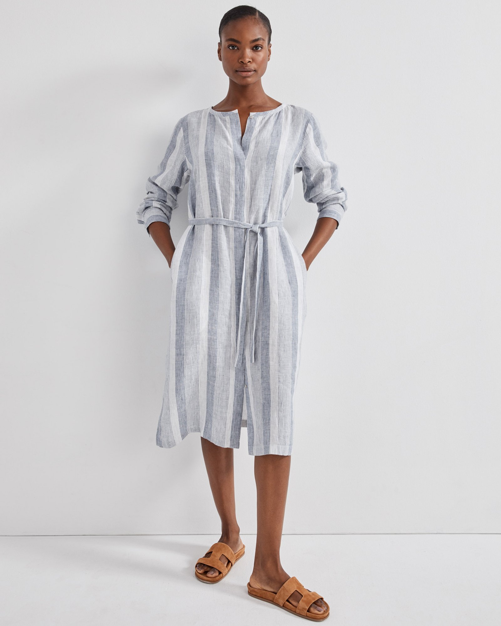 ワンピース Nigel Cabourn LINEN STRIPE DRESS Striped linen-blend shirt-style dress - Women | MANGO Canada