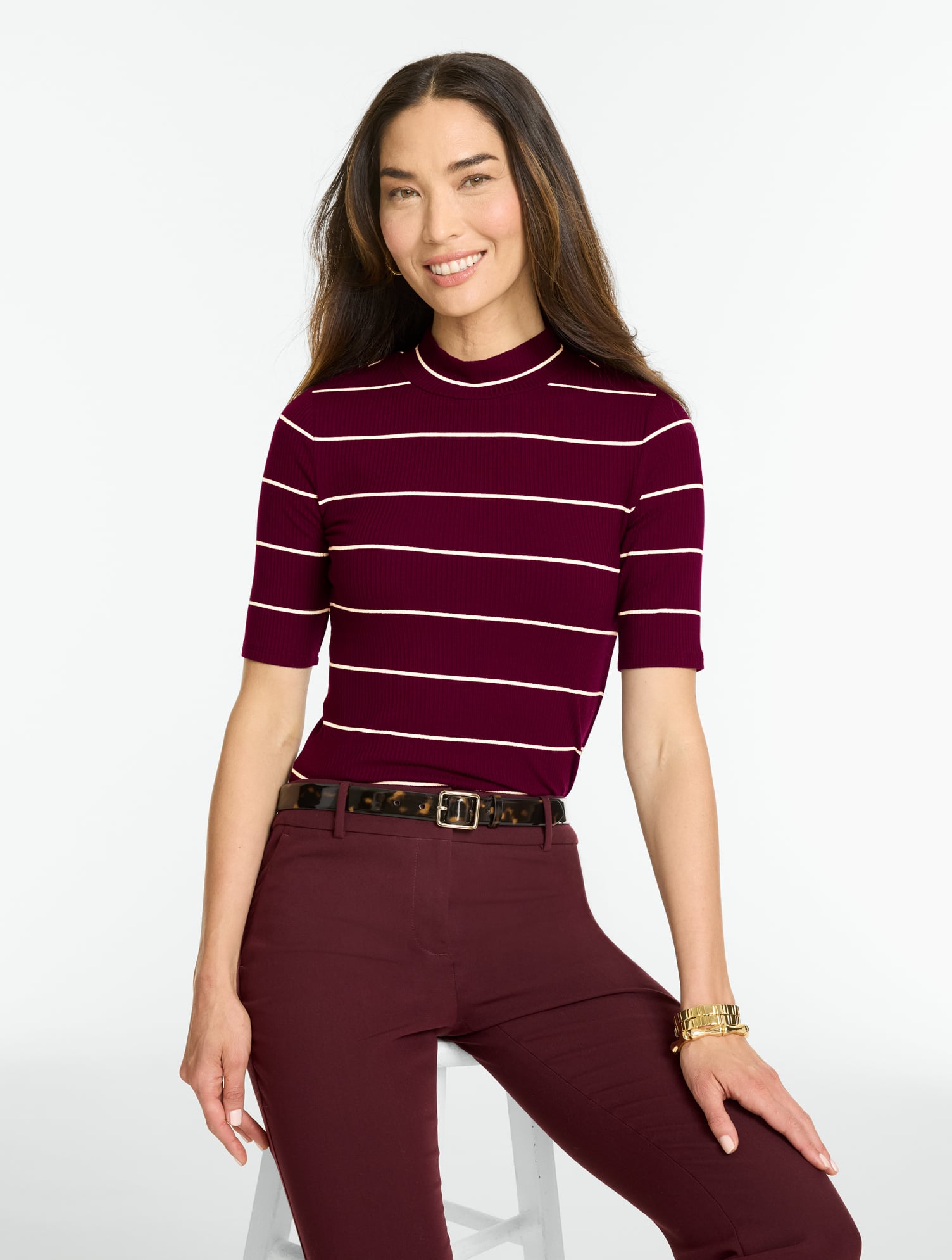 Ribbed Elbow Sleeve Mockneck Top - Linda Stripe