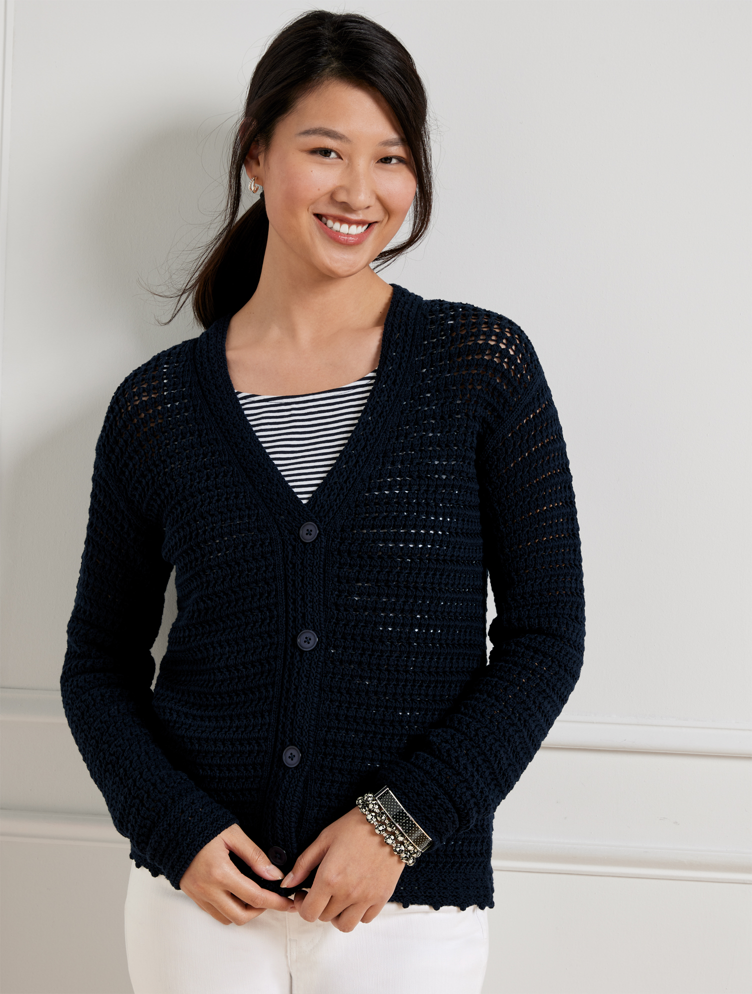 Talbots Petite - Open Stitch Cardigan Sweater - Blue - 2xs - 100% Cotton |  ModeSens