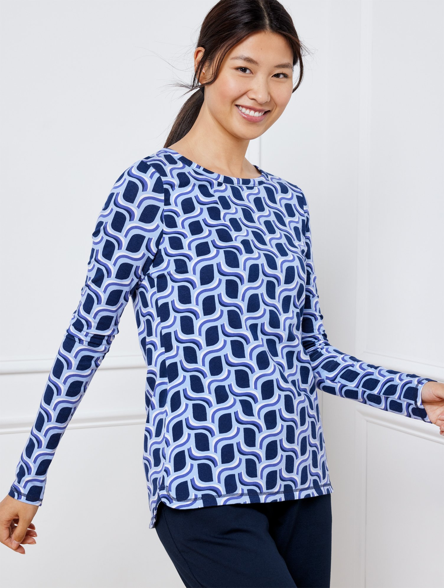 Talbots Petite - Supersoft Jersey Scoop Neck T-shirt - Wavy Swirls - Ink/blue Sky - Large  In Ink,blue Sky