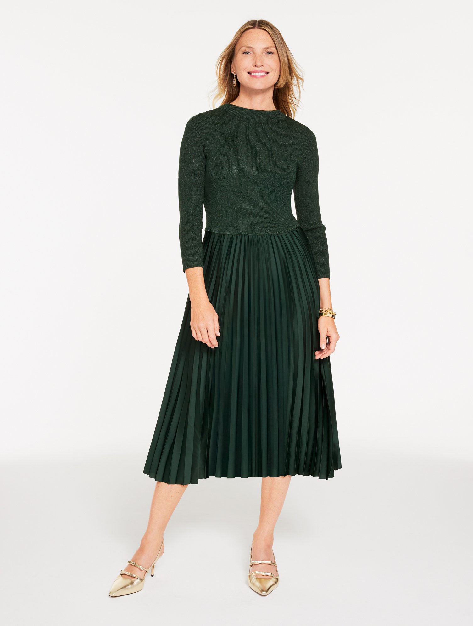 Talbots Plus Petite - Mixed Media Pleated Midi Dress - Emerald Green - 3x  In Green