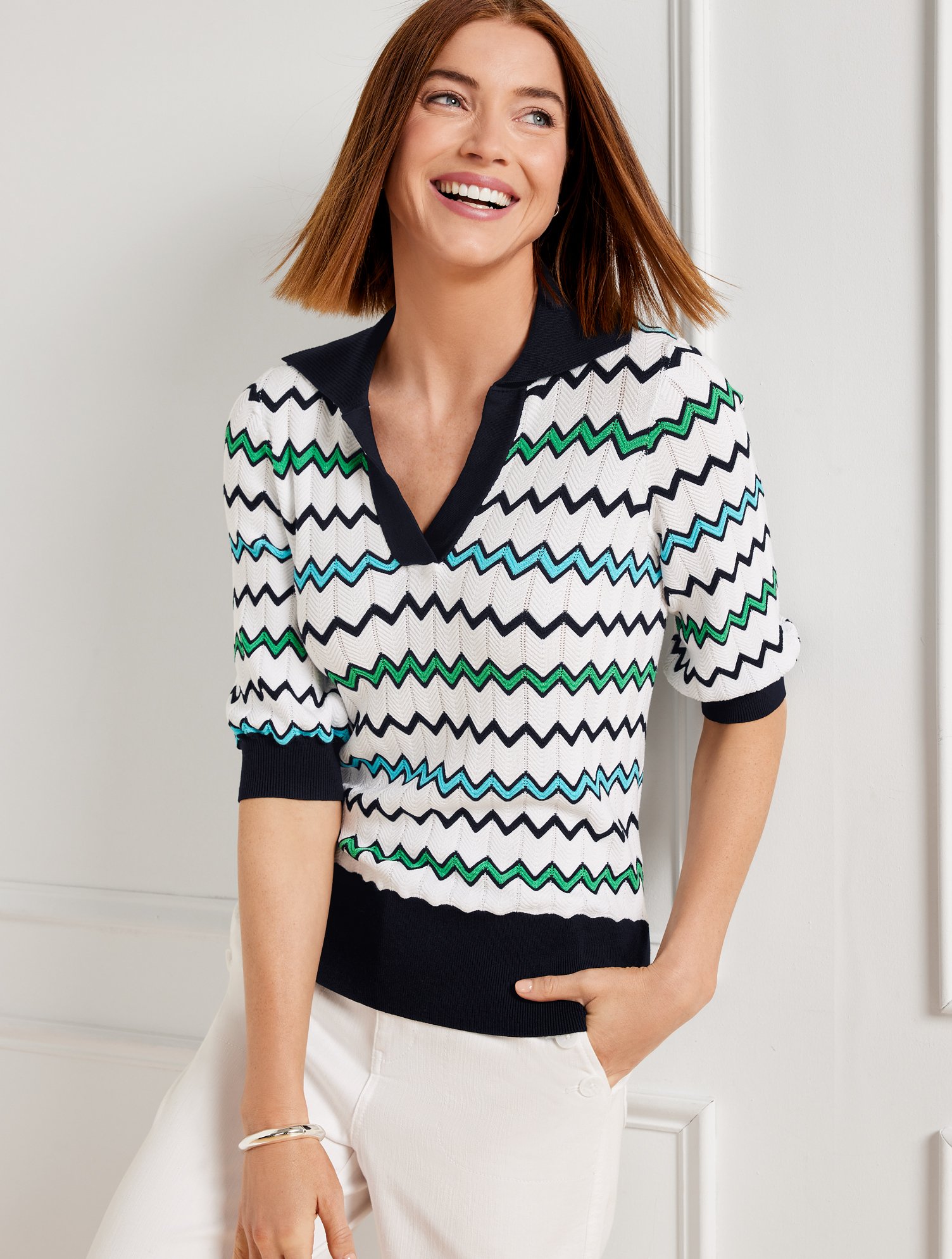 Talbots Plus Size - Johnny Collar Sweater - Zigzag Stripe - White - 2x