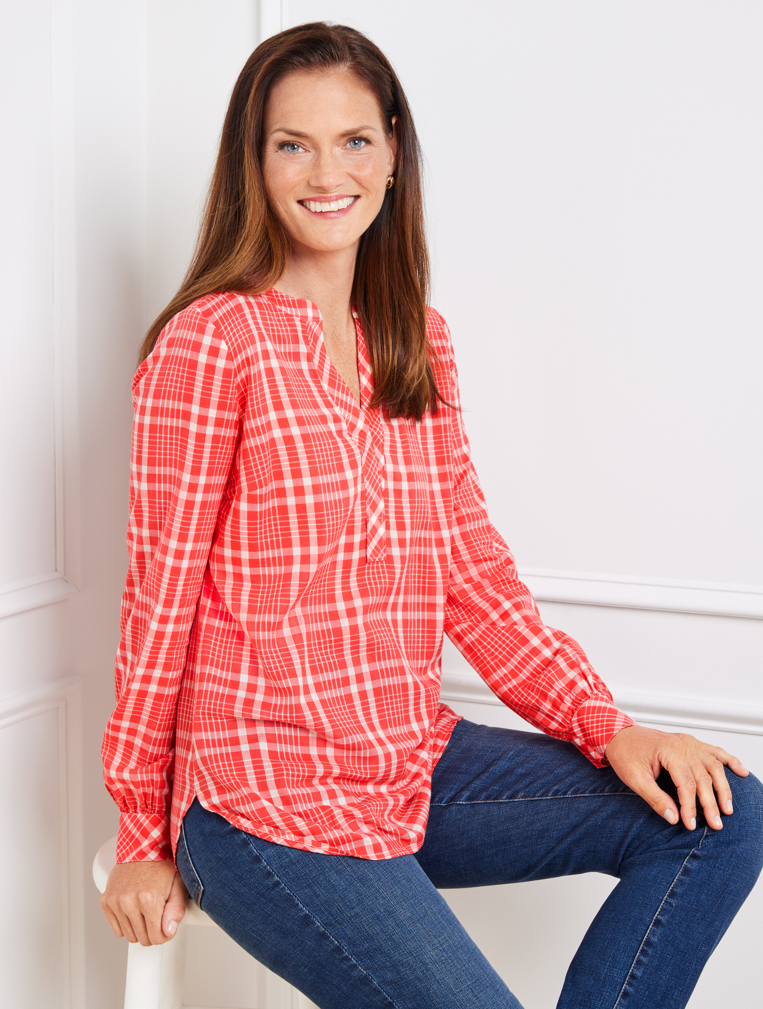 Talbots Band Collar Tunic Top - Jolly Plaid - Ivory/cayenne - Xs  In Ivory,cayenne