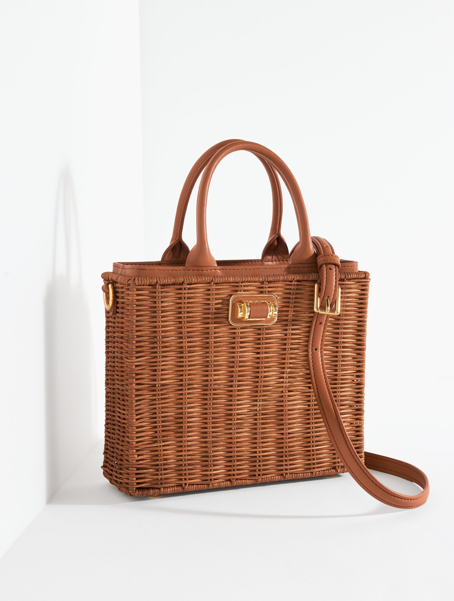 Wicker Leather Trim Top Handle Tote