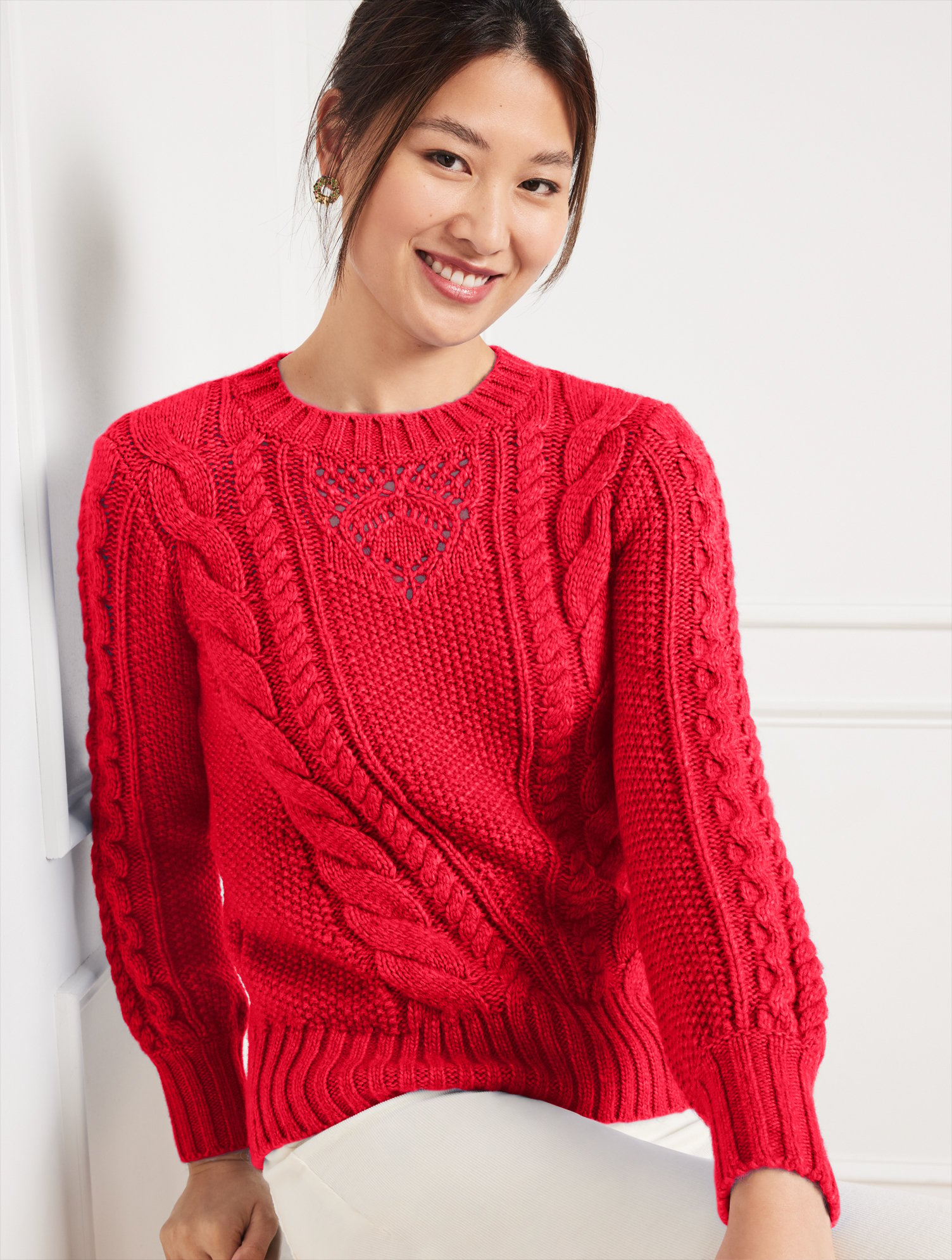 Talbots Balloon Sleeve Cable Knit Sweater - Red - X