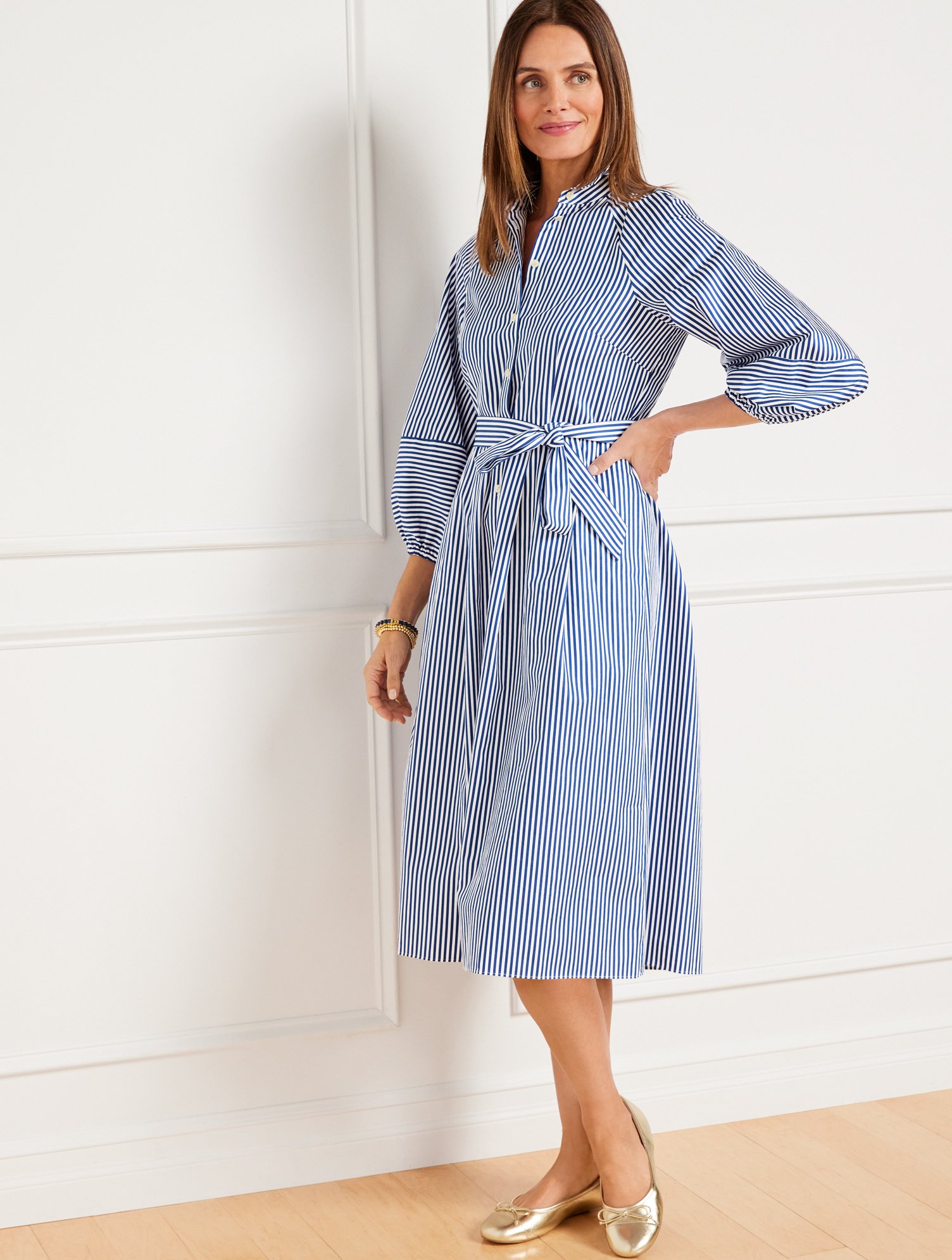 Talbots Poplin Fit & Flare Dress - Moon Stripe - Blue - 8 - 100% Cotton