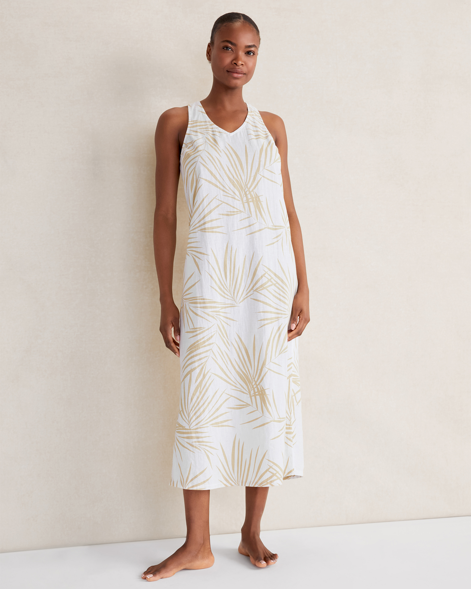 Talbots Organic Cotton Linen Palm Print Dress - White/sepia - Xxl