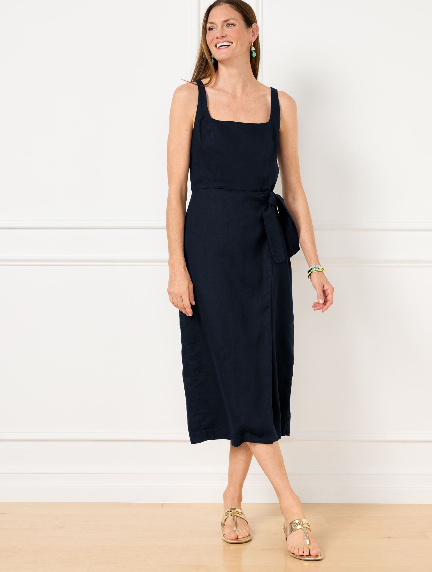 Petite – Square Neck Wrap Linen Dress – Blue – 2 Talbots