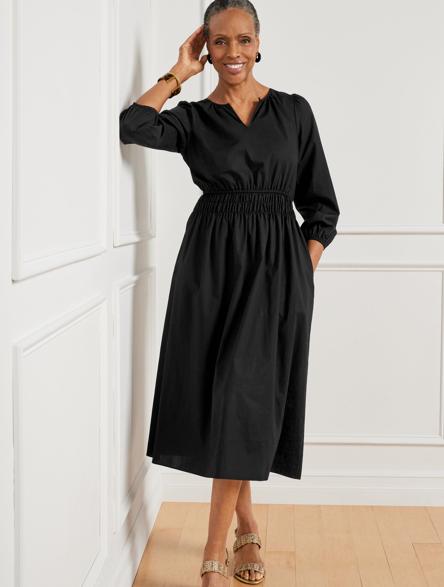 Talbots Petite - Smocked Poplin Midi Dress - Black - 2 - 100% Cotton