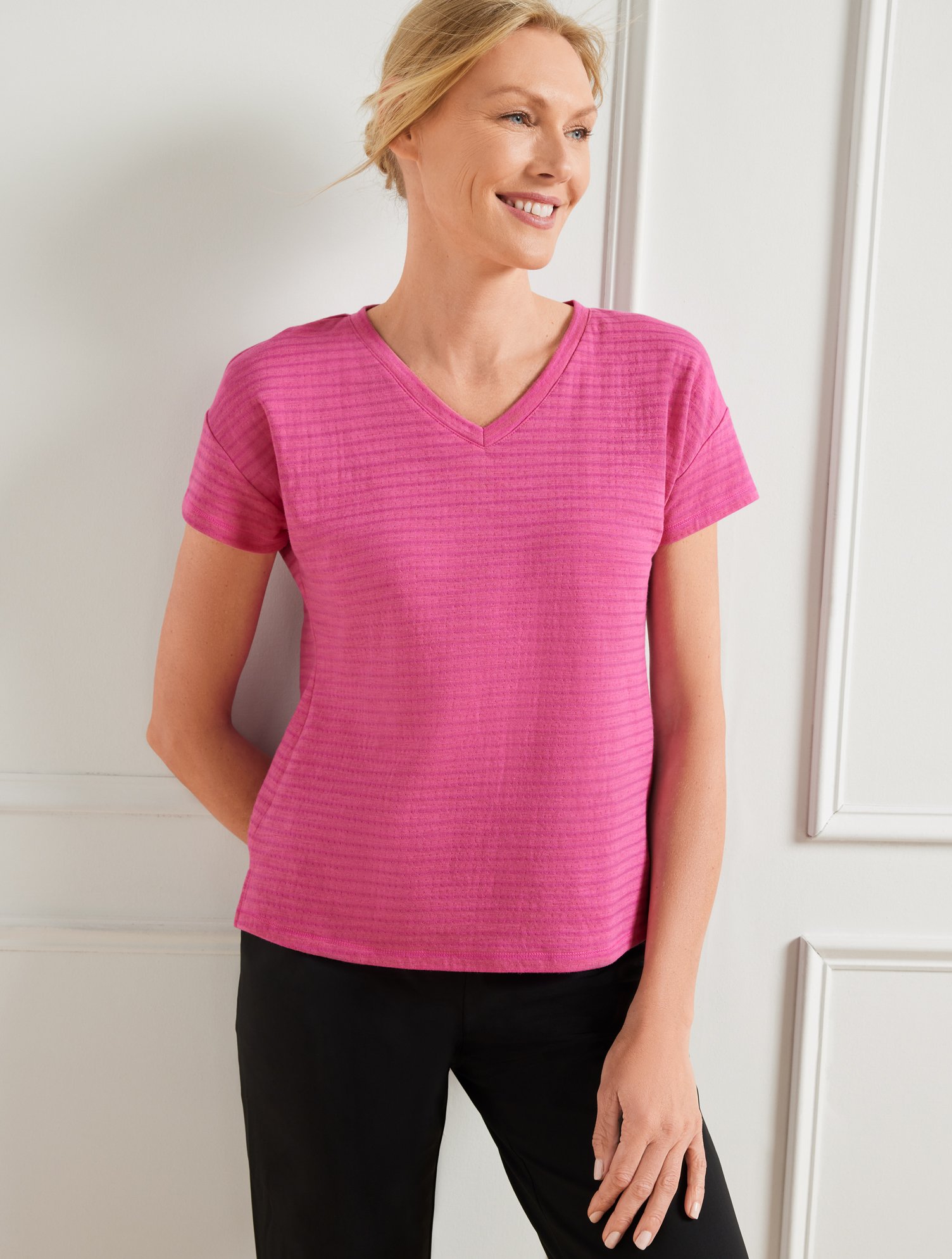 Talbots Plus Size - Duofold V-neck T-shirt - Stripe - Pink Cerise - 3x