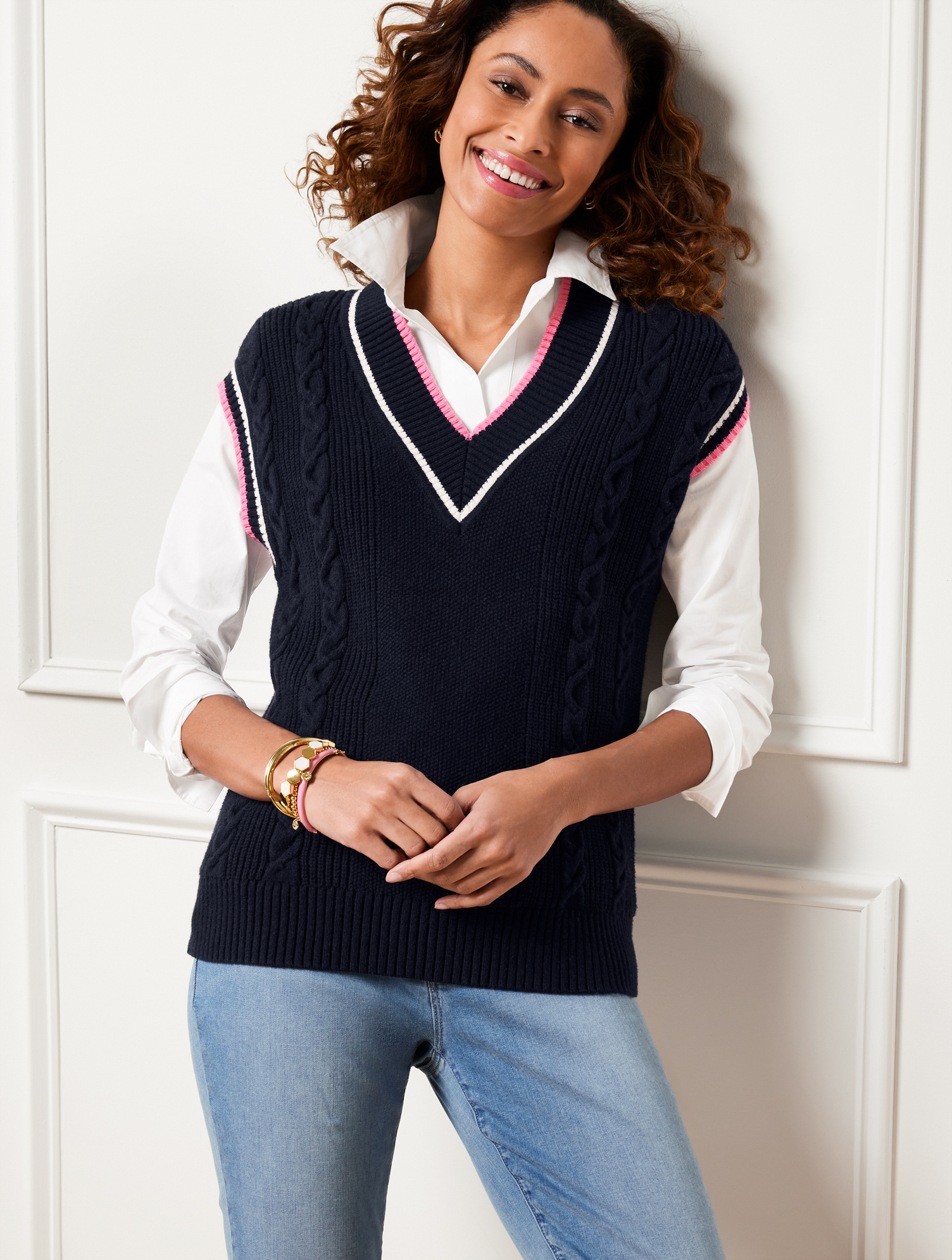 Talbots Plus Size - Drop Shoulder Cable Knit Sweater Vest - Blue - 2x