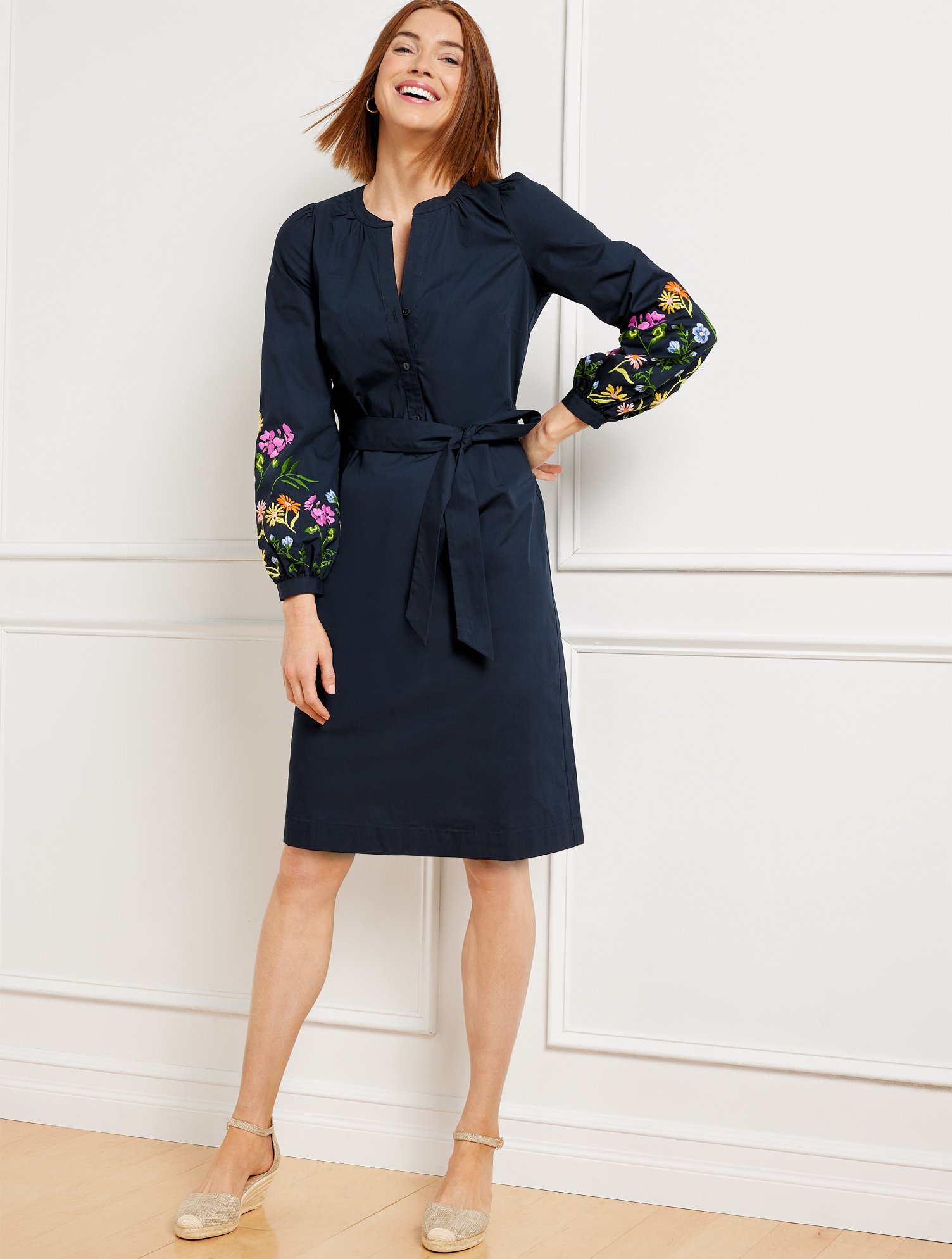 Talbots Plus Size - Embroidered Poplin Shirtdress - Blue - 3x - 100% Cotton