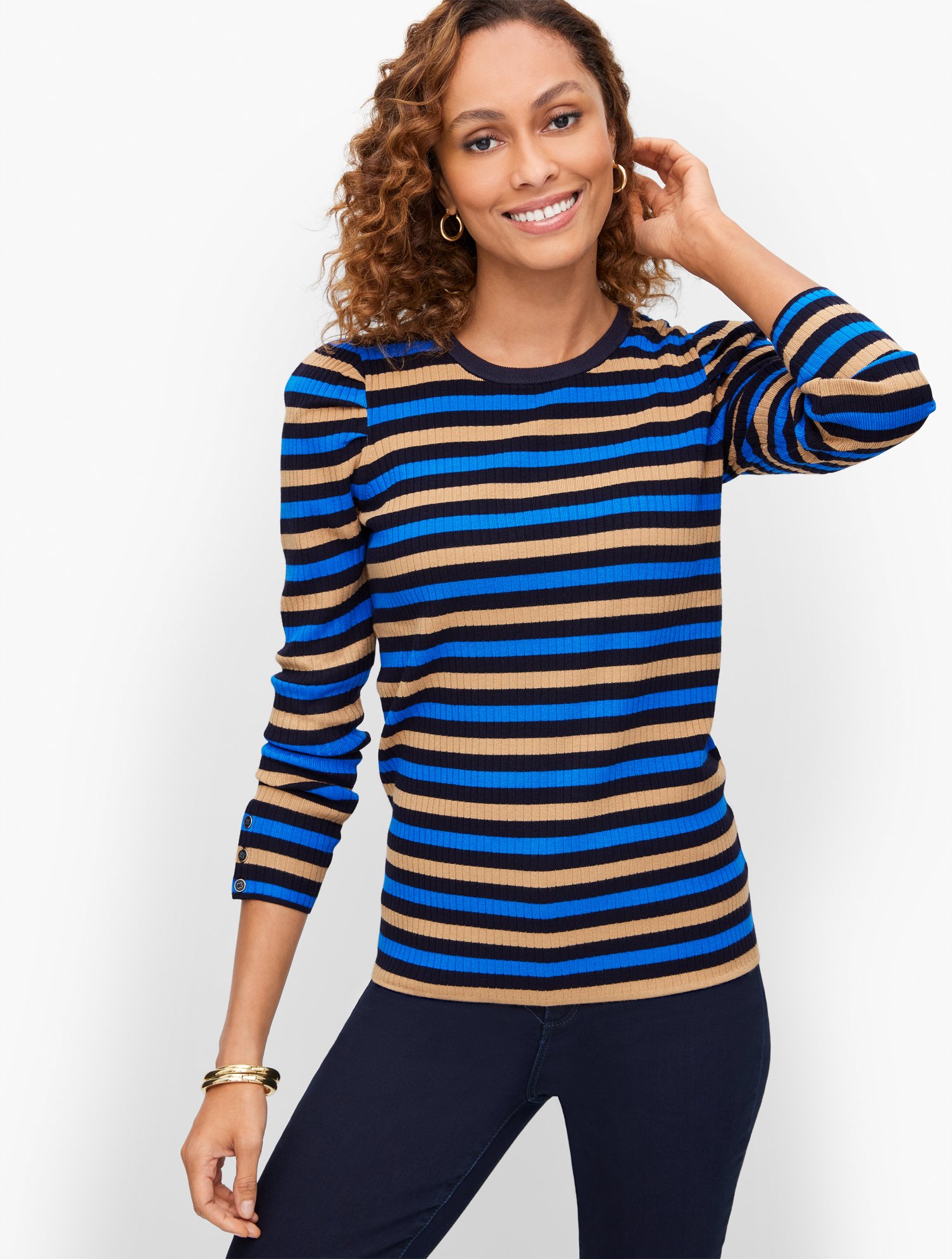 Puff Sleeve Crewneck Pullover - French Stripe