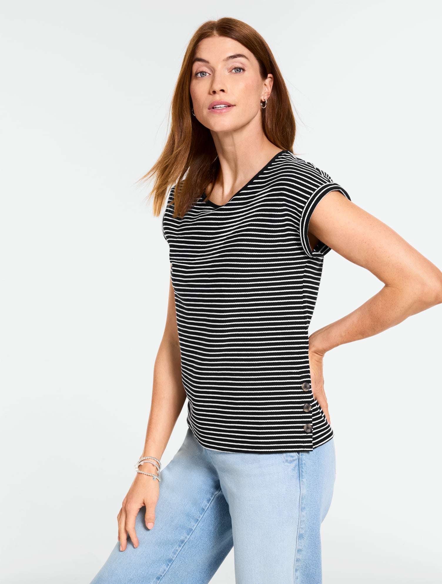 Jacquard Side Button Tee - Katie Stripe