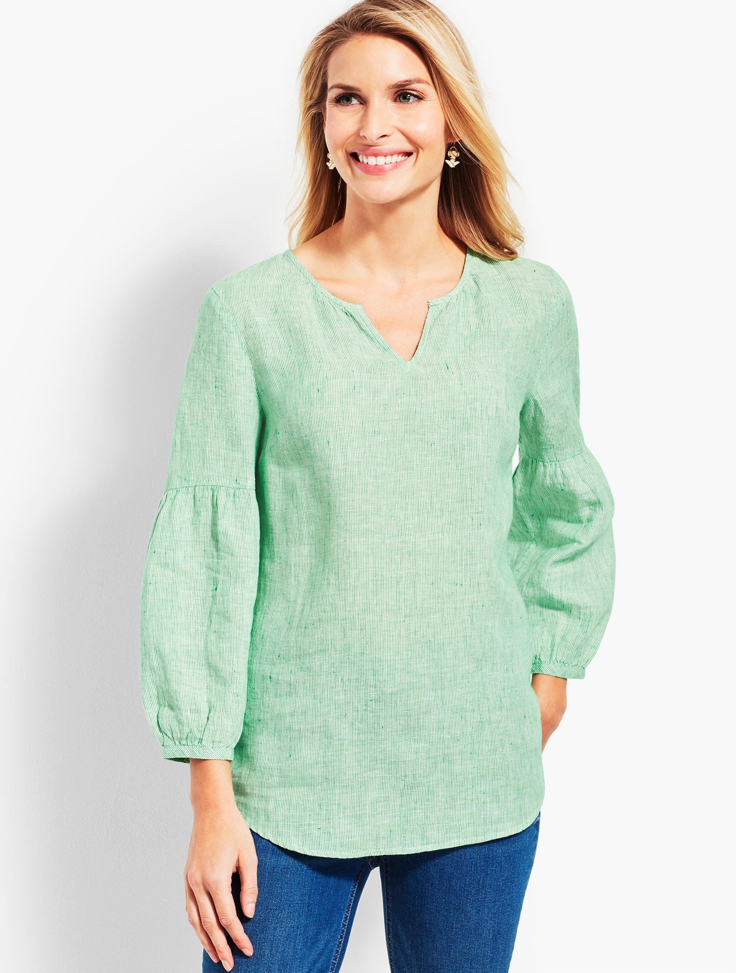 Linen Lantern-Sleeve Popover Shirt - Stripe | Talbots