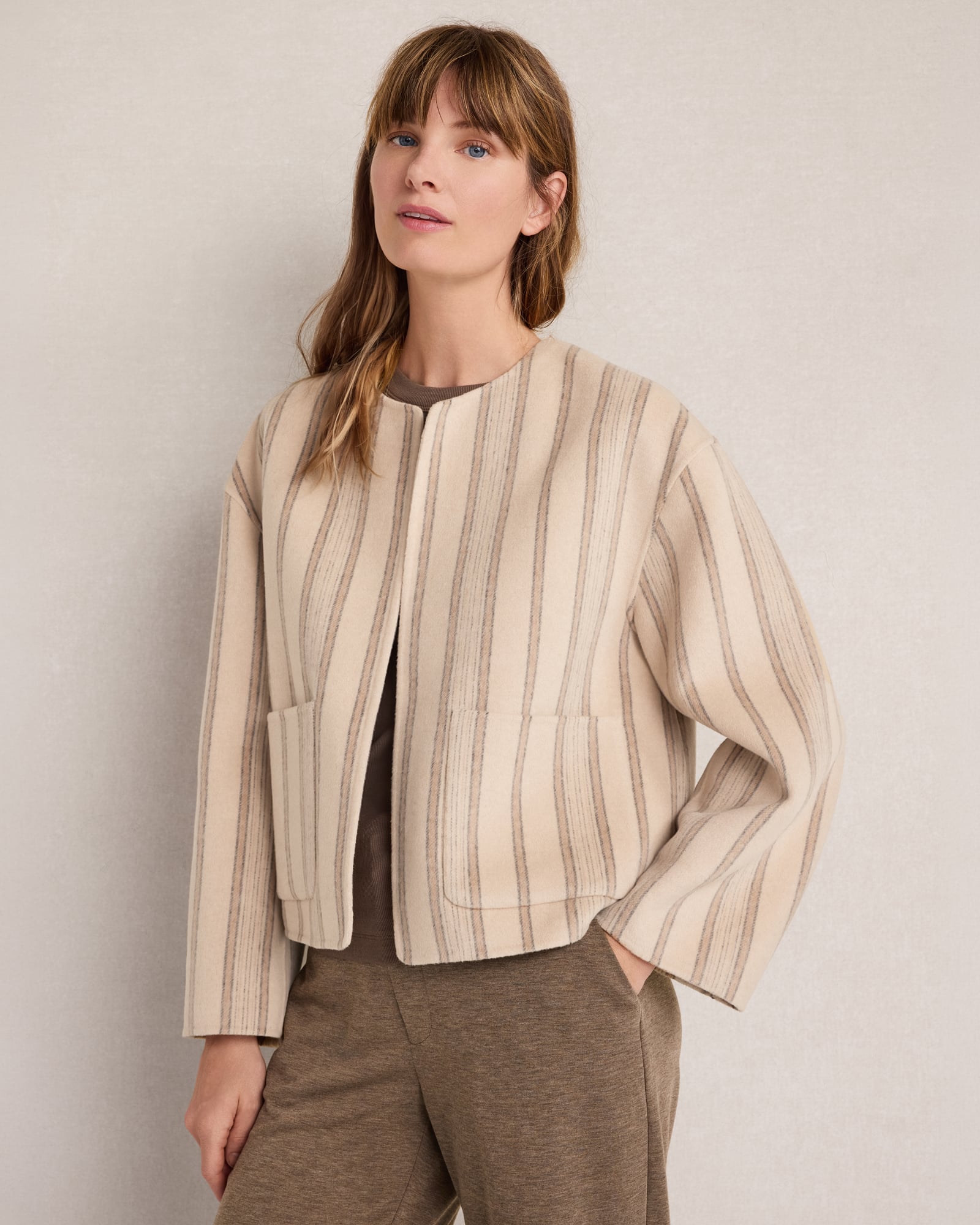 Wool Blend Striped Jacket with Removable Scarf