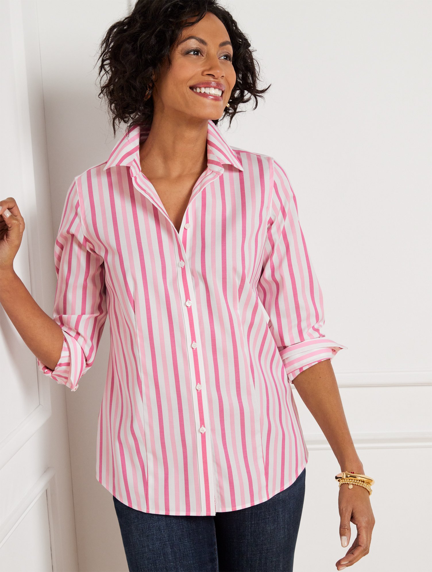 Talbots Non-iron Perfect Shirt - Sunshine Stripe - Vivid Pink - 18