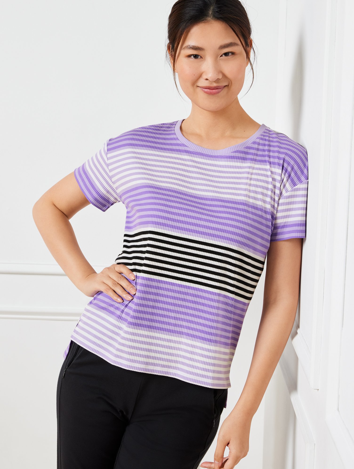 Talbots Drop Shoulder Boxy T-shirt - Multi Stripe - Purple - 2x