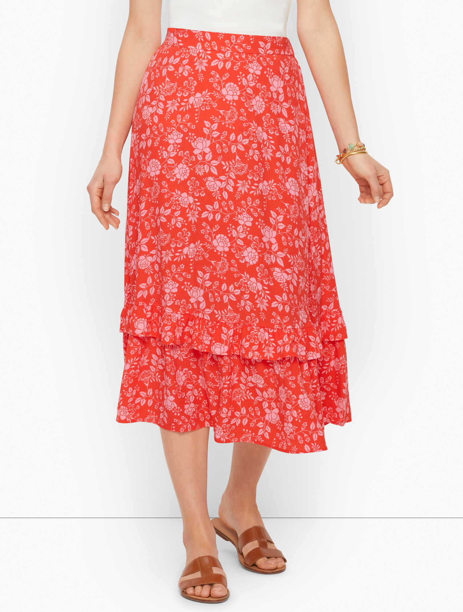 Talbots Petite - Ruffle Tiered Skirt - Bicolor Blossoms - Coral Punch - Small