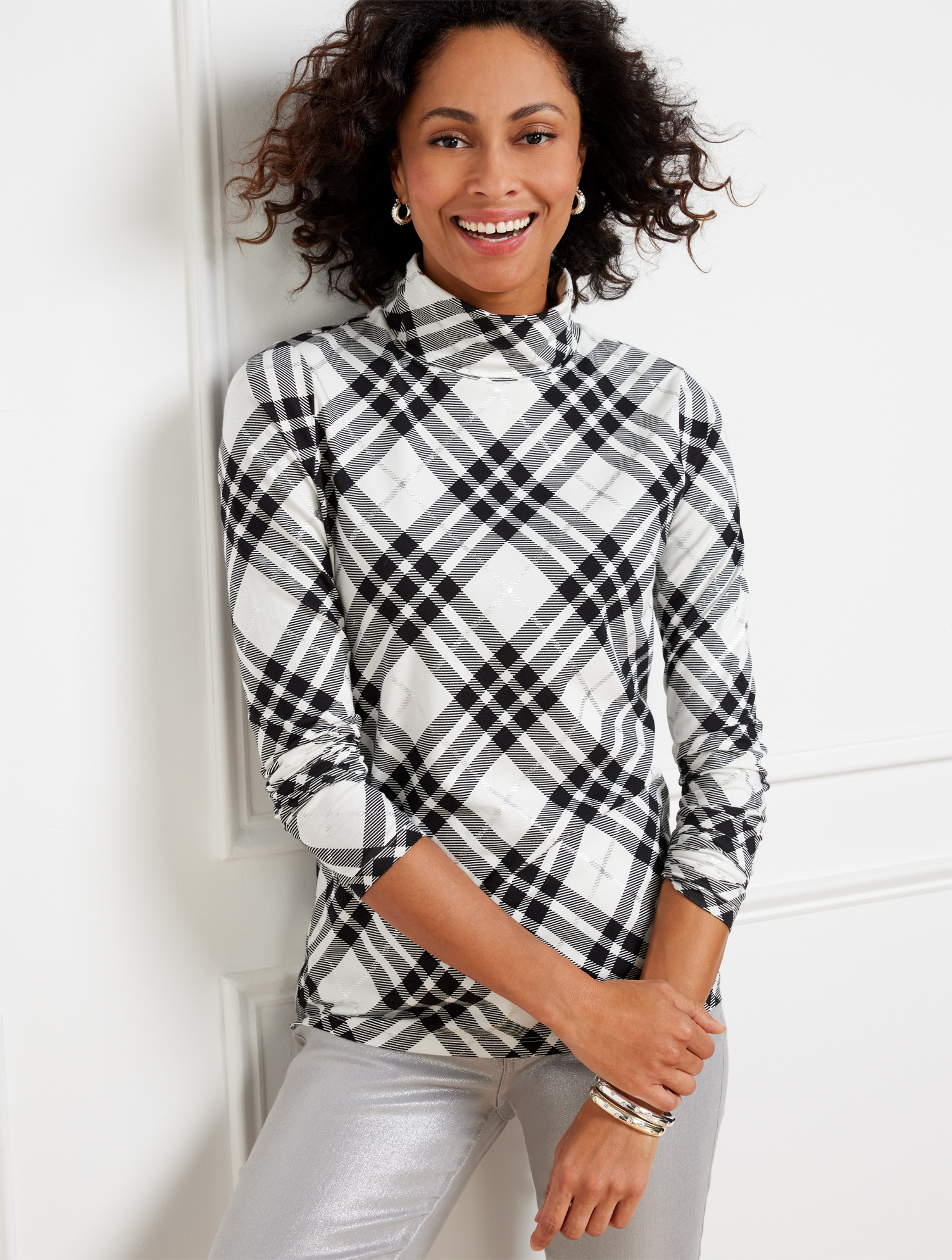 Talbots Misses - Turtleneck Top - Timeless Tartan - Black/ivory/silver - Large In Black,ivory,silver