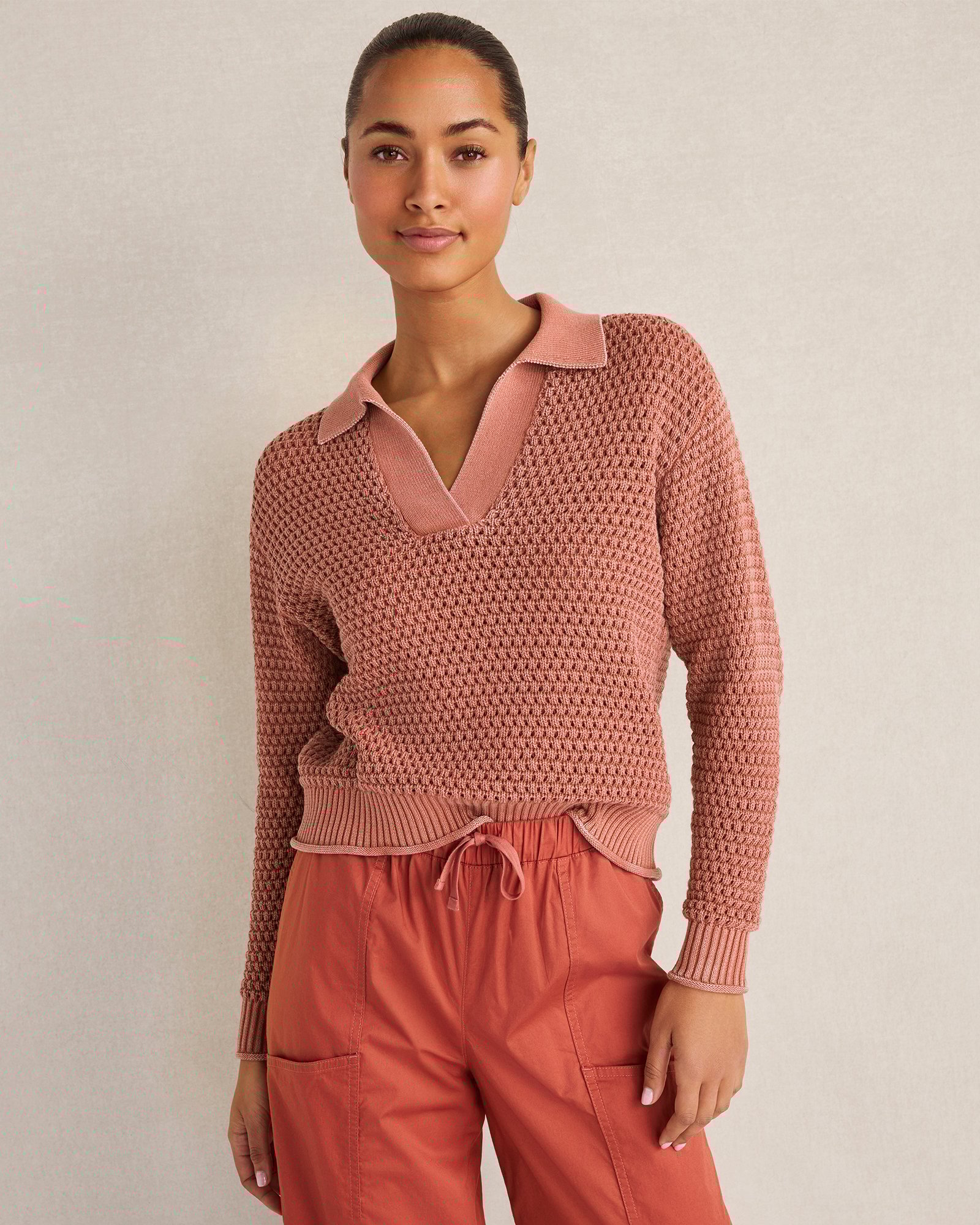 Cotton Wave Stitch Johnny Collar Sweater