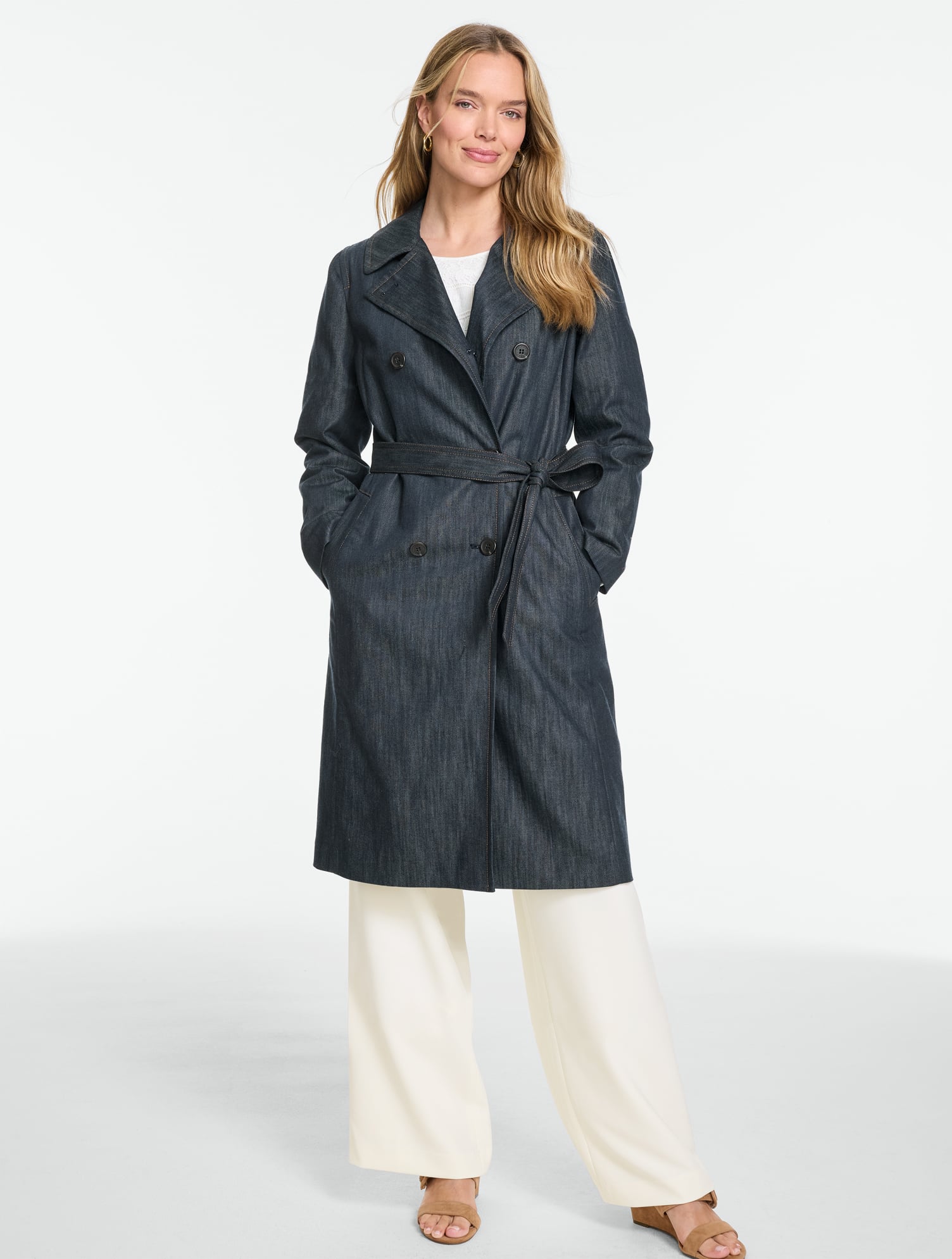 Refined Denim Belted Trench Coat