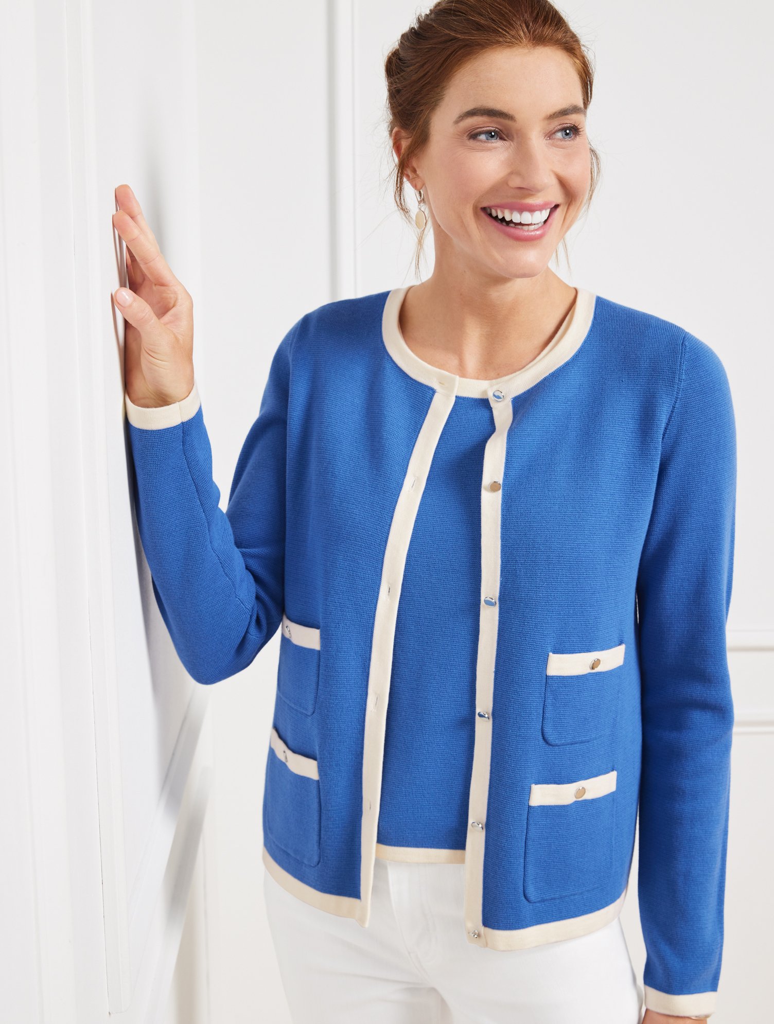 Talbots Plus Size - Grace Cardigan Sweater - Tipped - Capri Blue/ivory - 3x  In Capri Blue,ivory