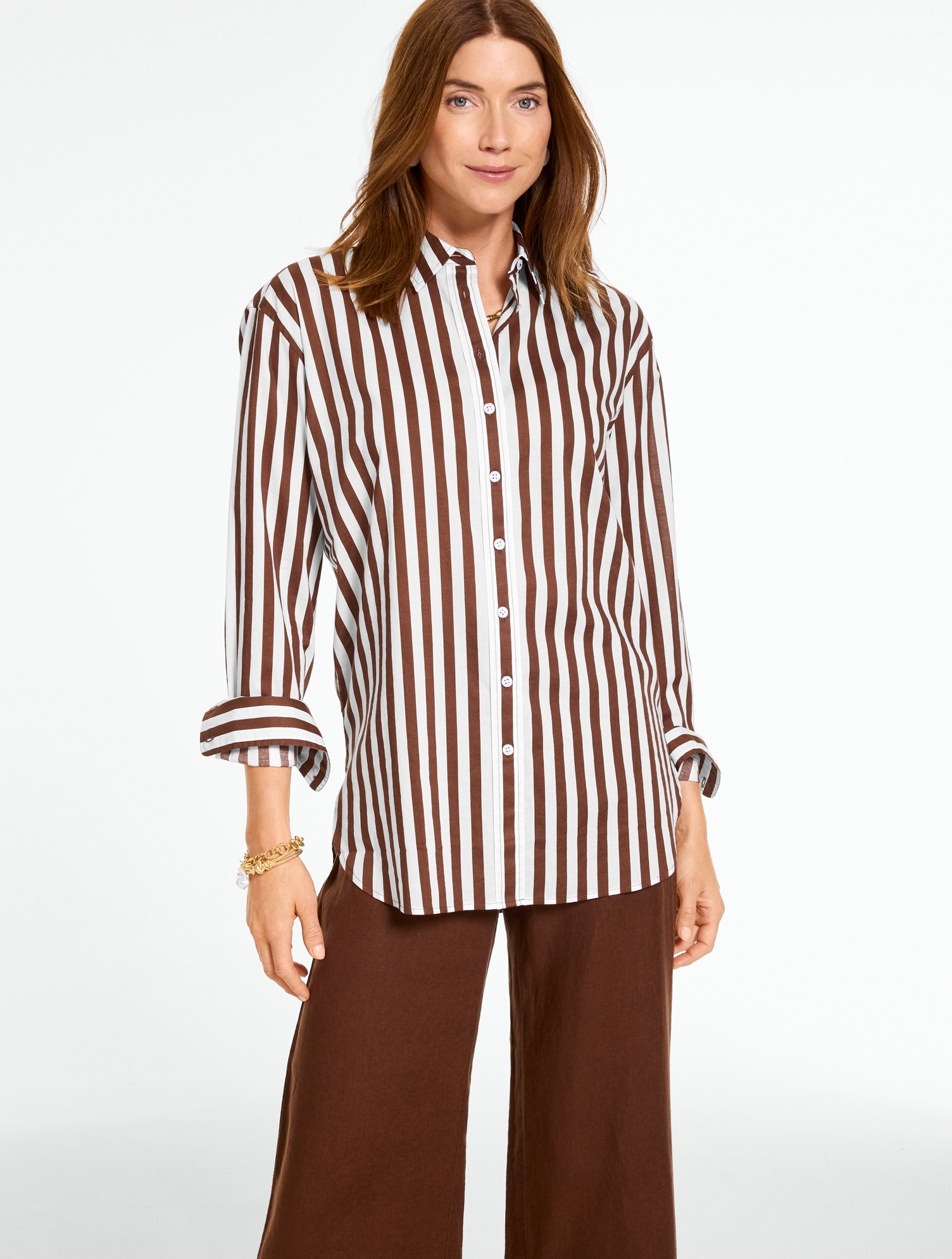 Plus Size - Everyday Relaxed Shirt - Sand Stripe - Dark Walnut/White - 100% Cotton Talbots