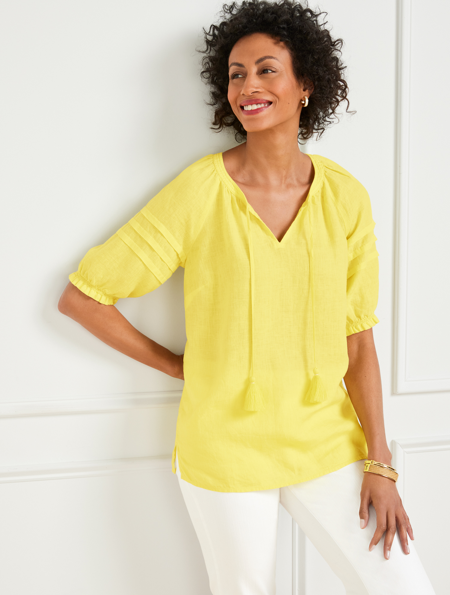 Talbots Pleated Sleeve Linen Top - Pear Yellow - 3x